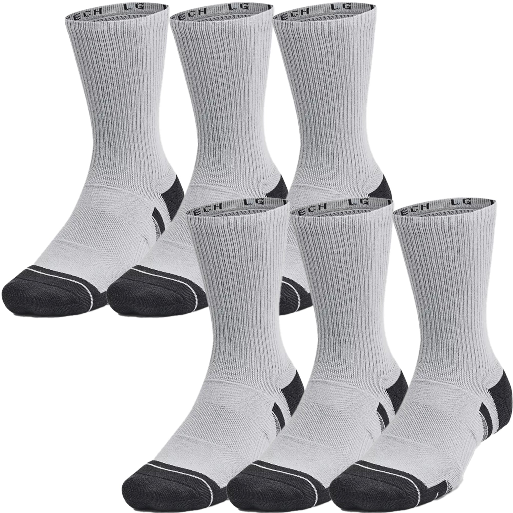Set of six pairs of gray crew socks with black toes and heels on a white background