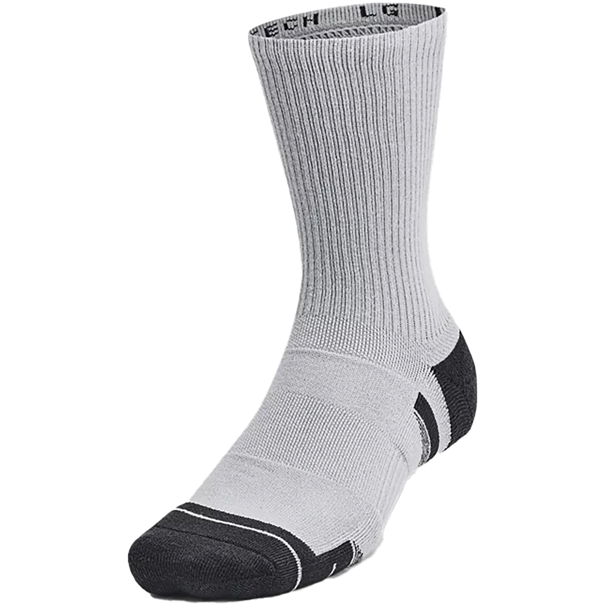 Gray crew socks with black accents on a white background
