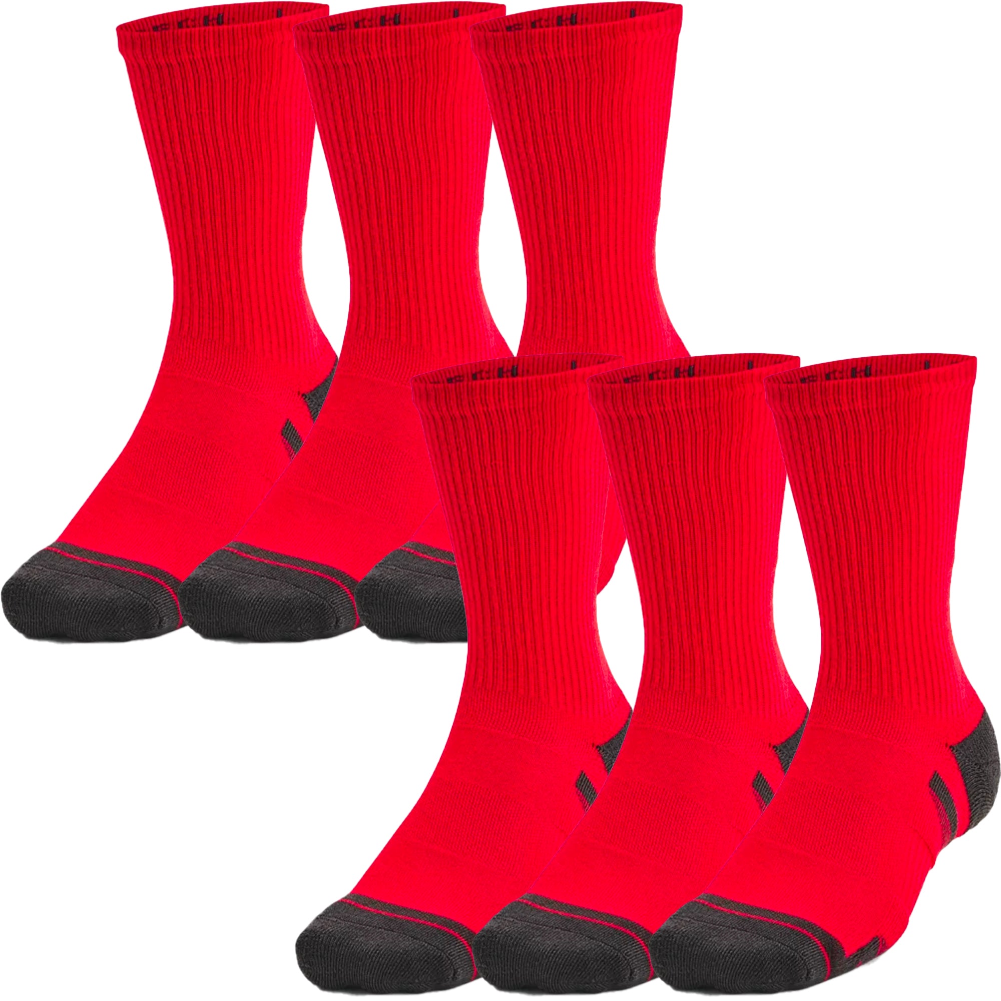 Set of six red crew socks with black toes and heels on a white background