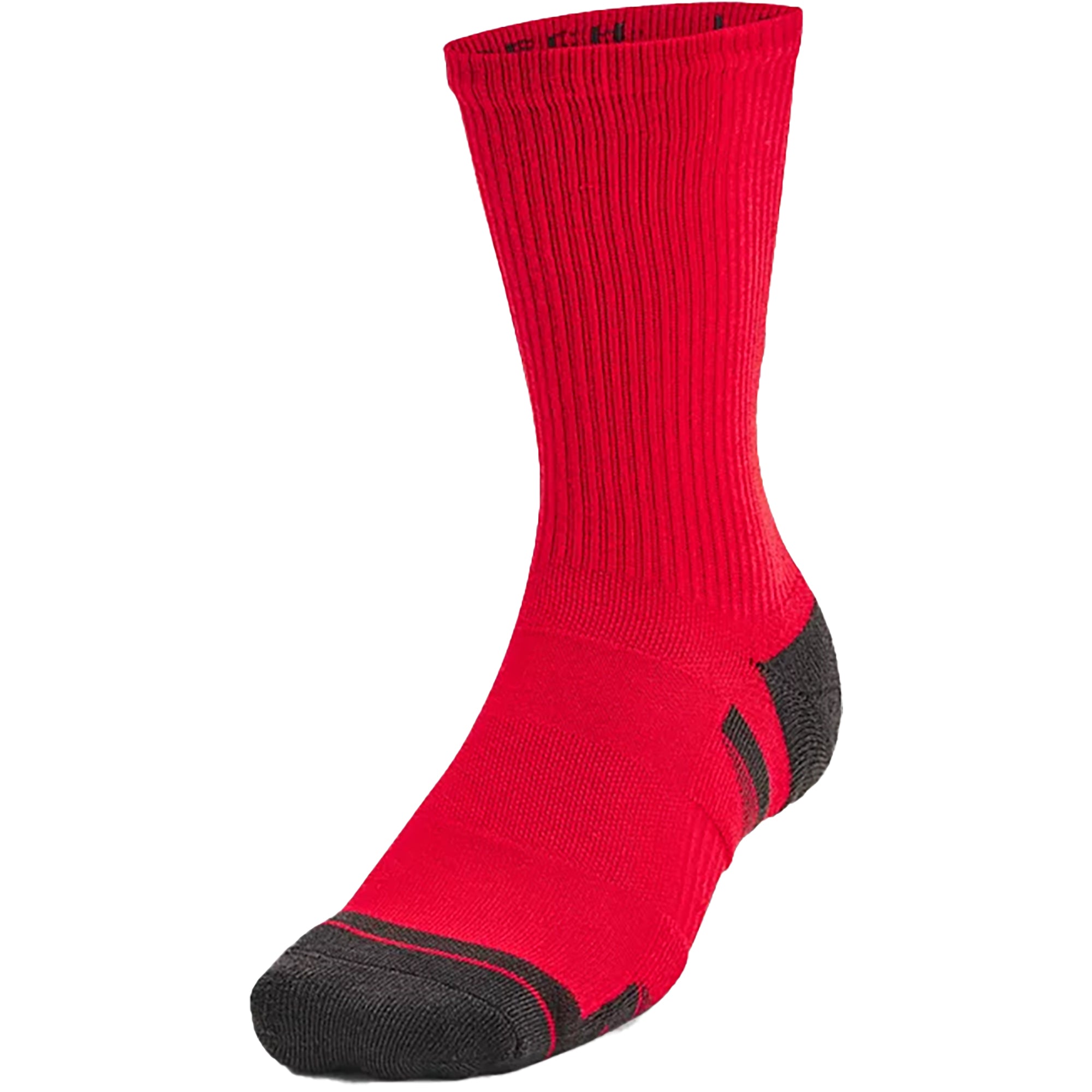 Red crew socks with black toes and cuffs on a white background