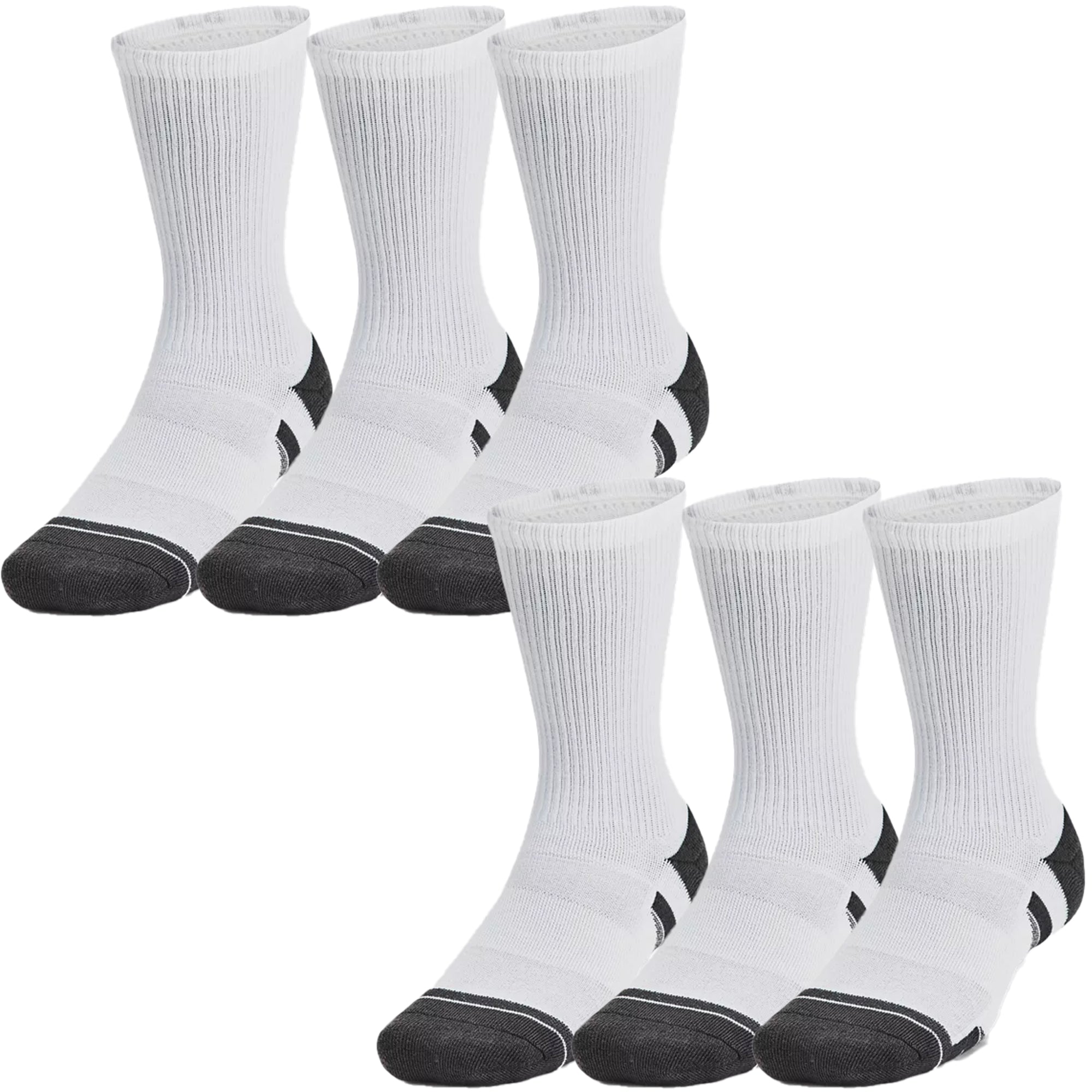 Set of white crew socks with black accents on a white background