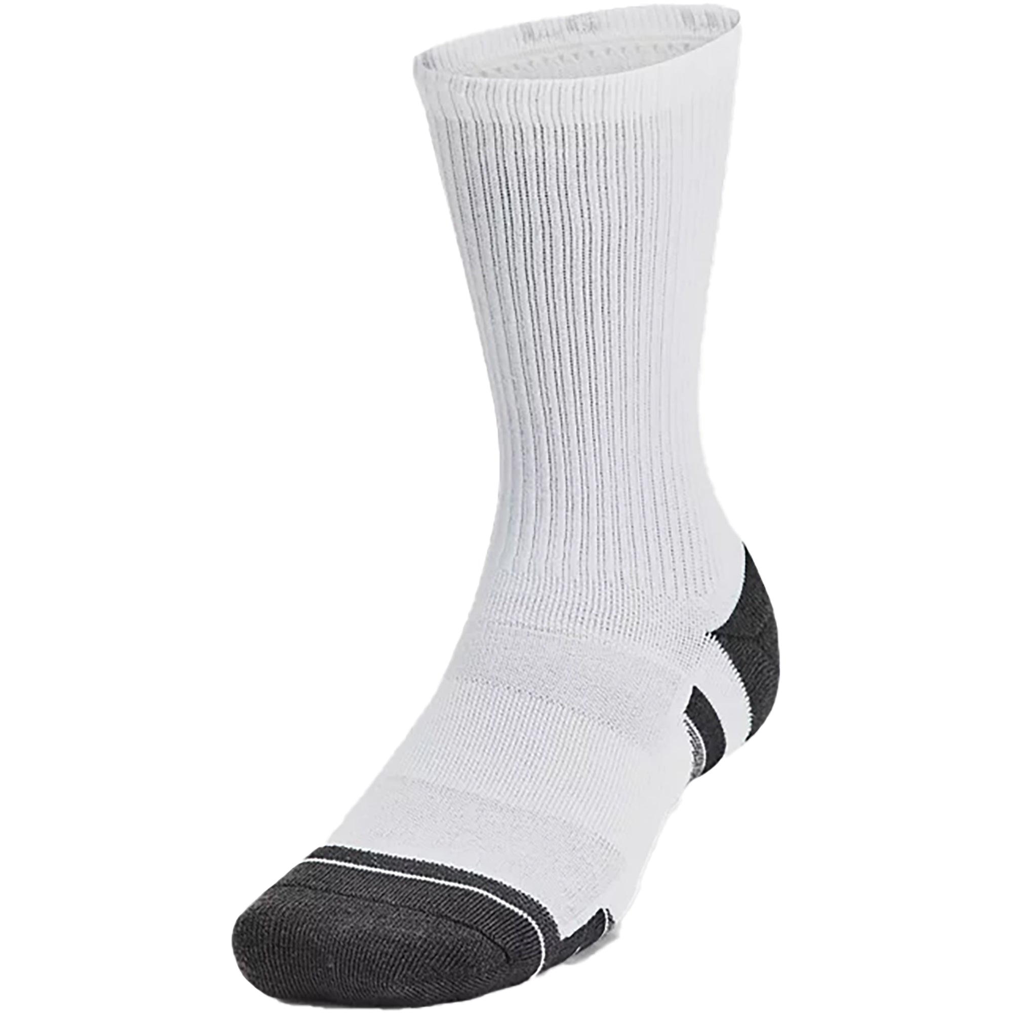 White crew socks with black accents on a white background