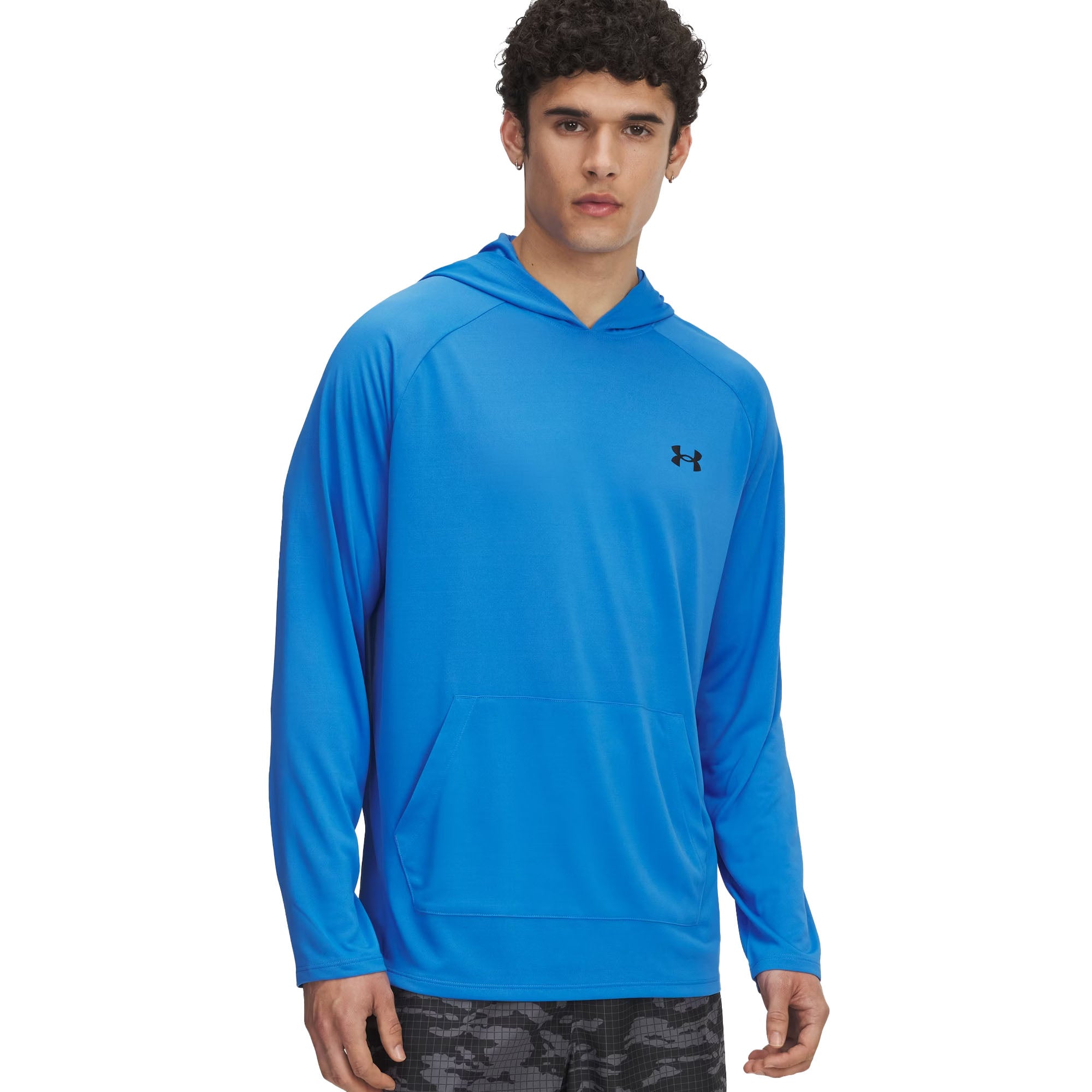 Man wearing a blue tech hoodie with a brand logo on a white background