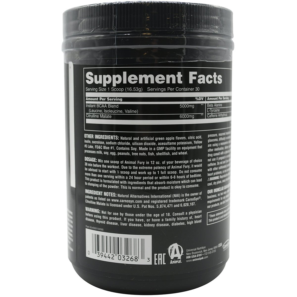 Universal Nutrition Animal Fury Dietary Supplement - Green Apple - 30 Servings - Forza Sports