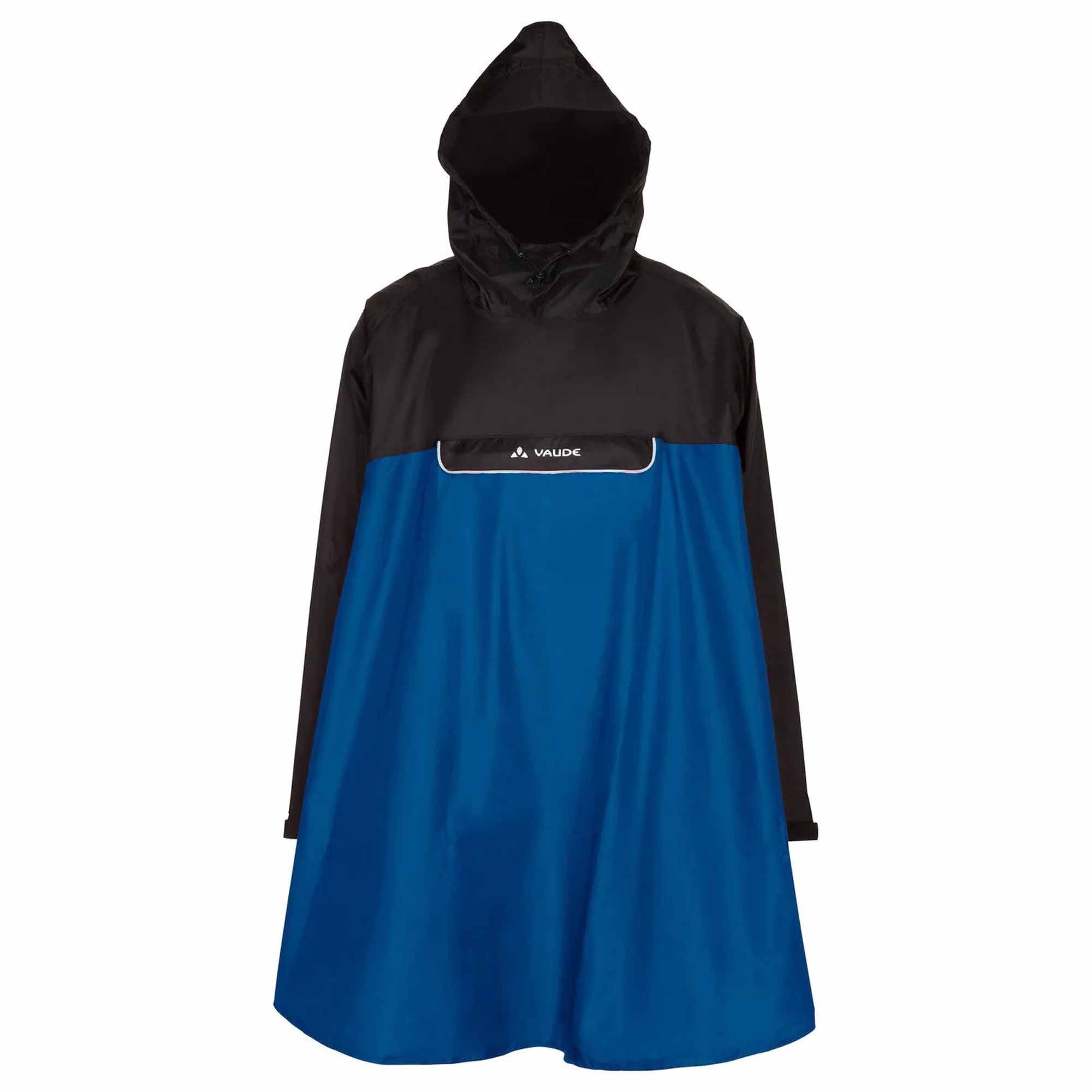 Black and blue biking rain poncho with Vaude logo on a white background