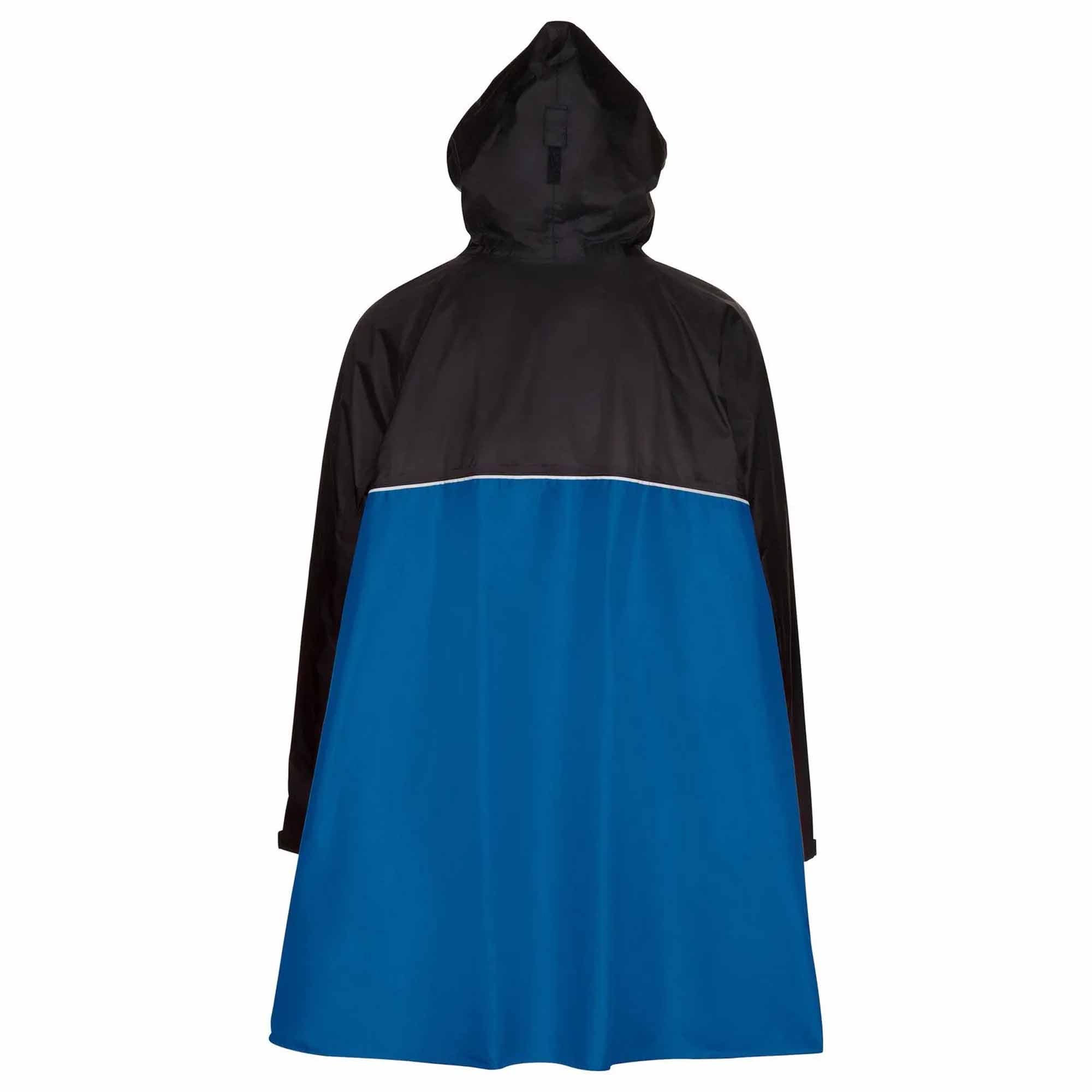 Black and blue biking rain poncho on a white background