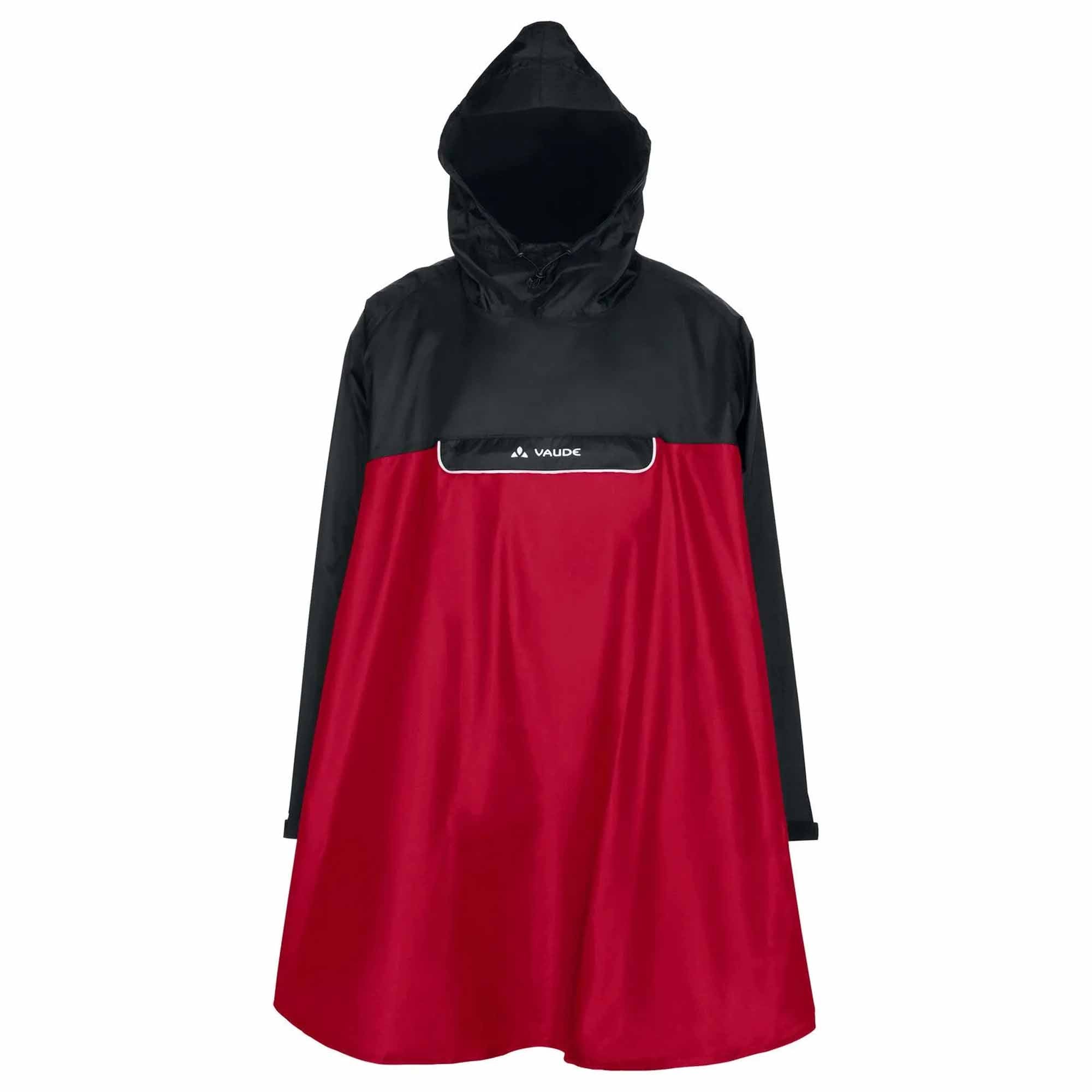 Black and red biking rain poncho with Vaude logo on a white background
