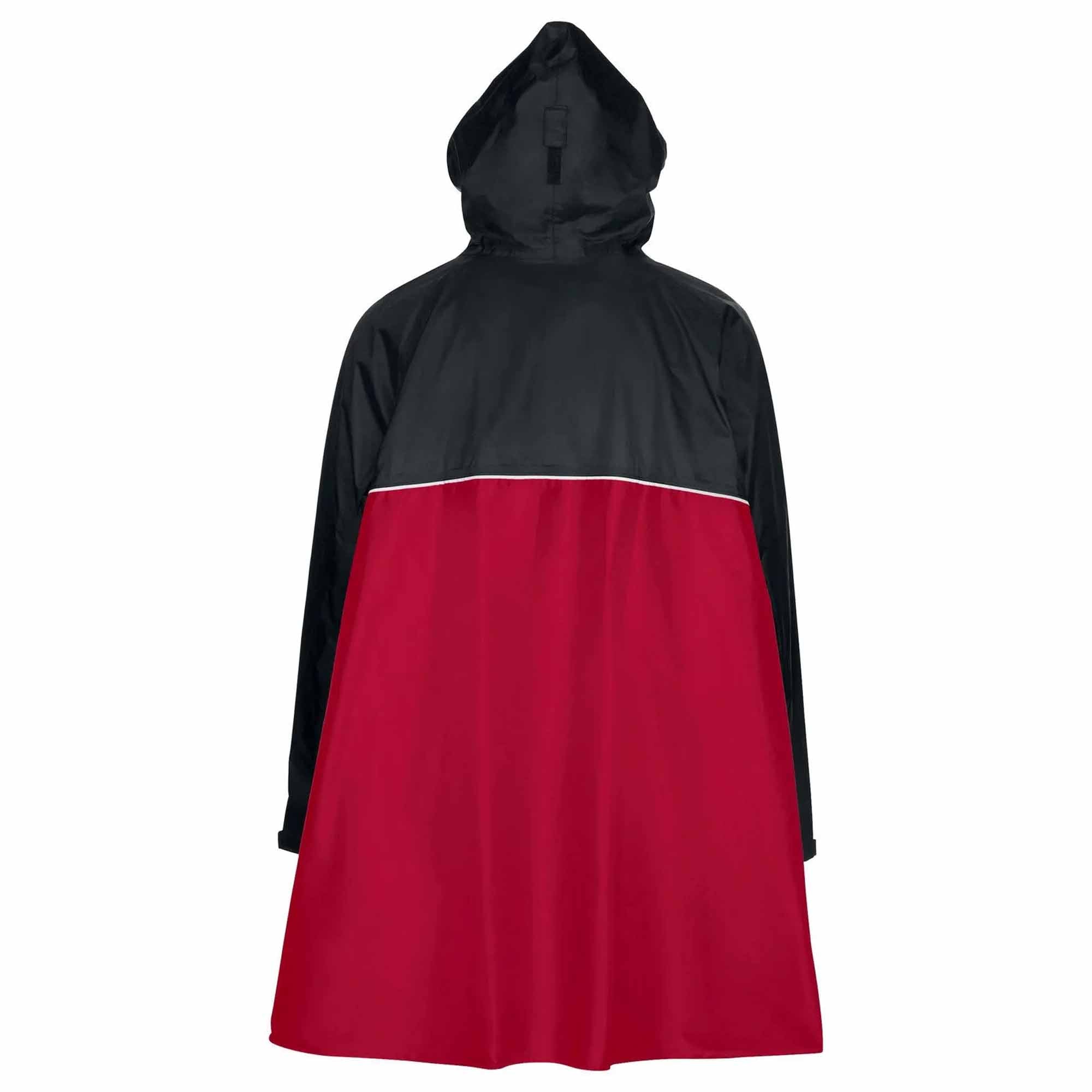 Black and red biking rain poncho on a white background