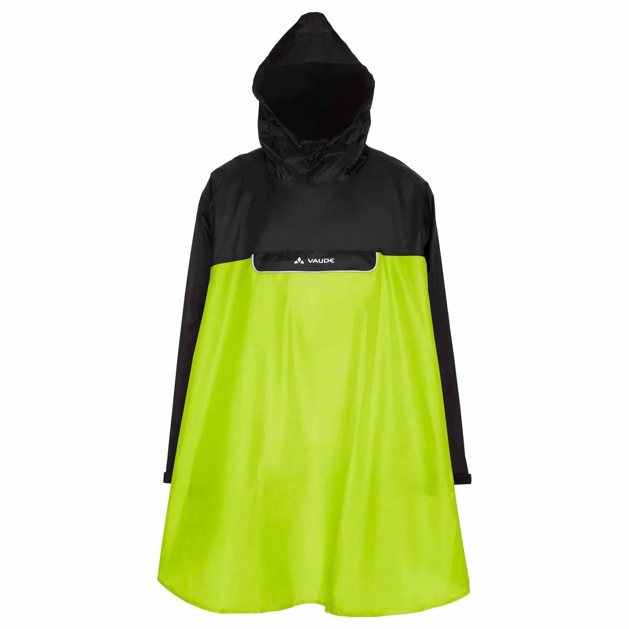Black and green biking rain poncho with hood on a white background