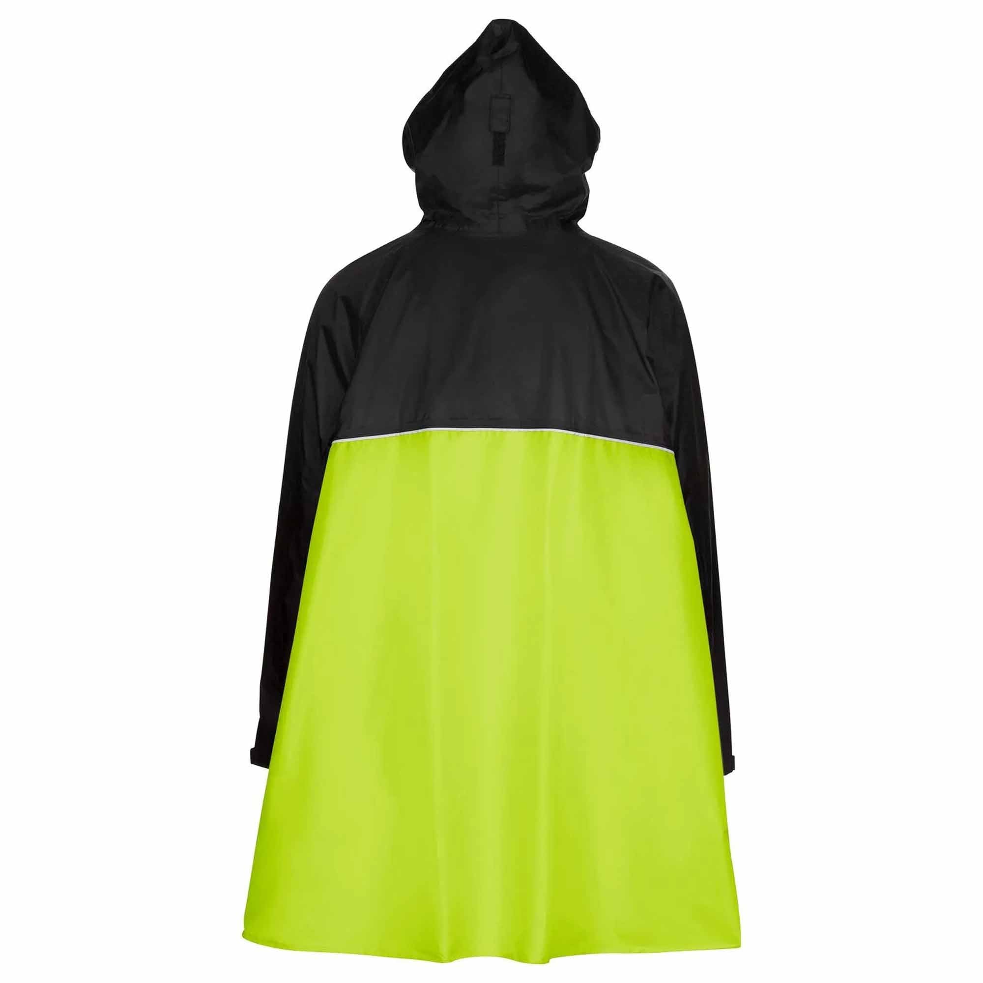 Black and green biking rain poncho on a white background
