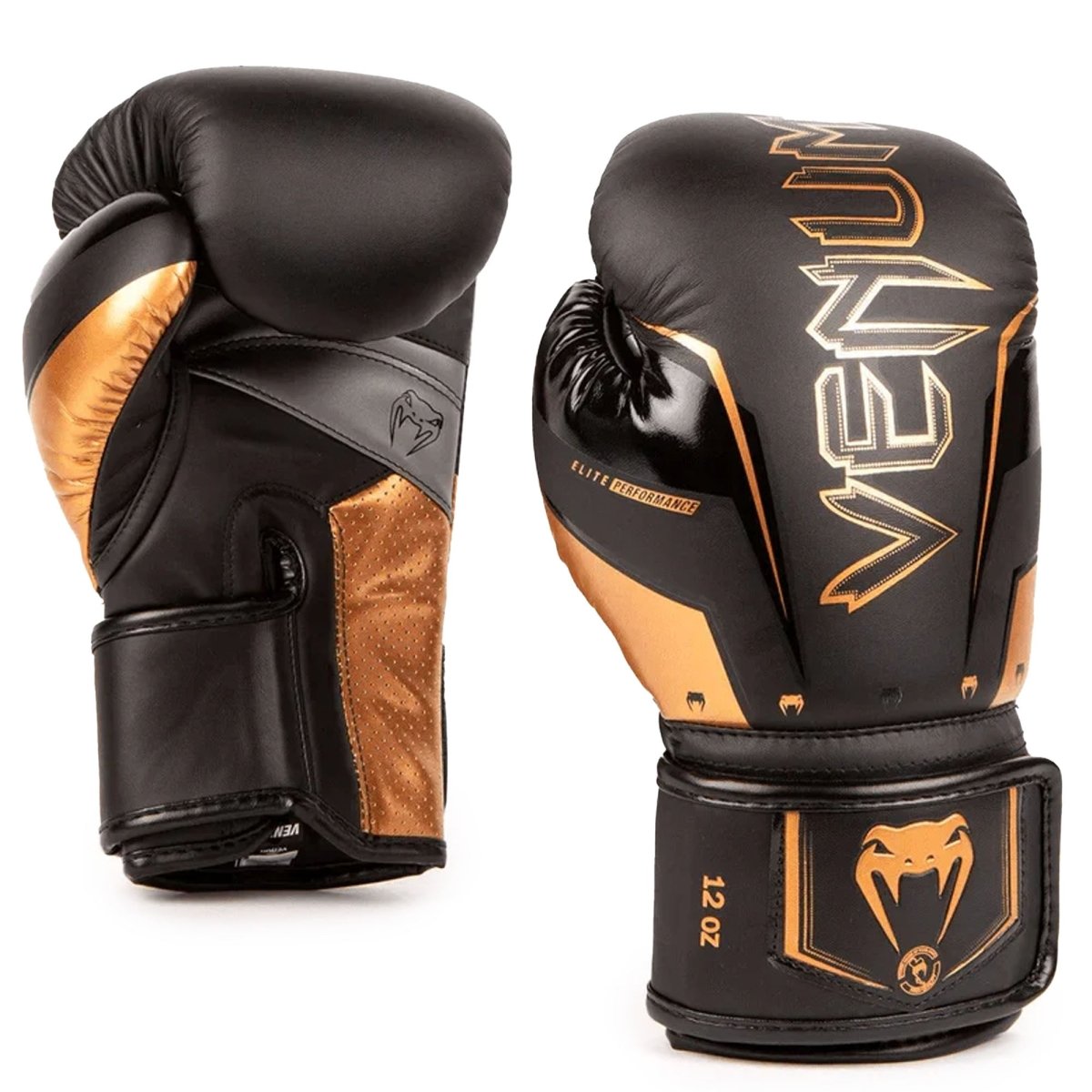 Venum Elite Evo Hook and Loop Boxing Gloves - Black/Bronze - Forza Sports