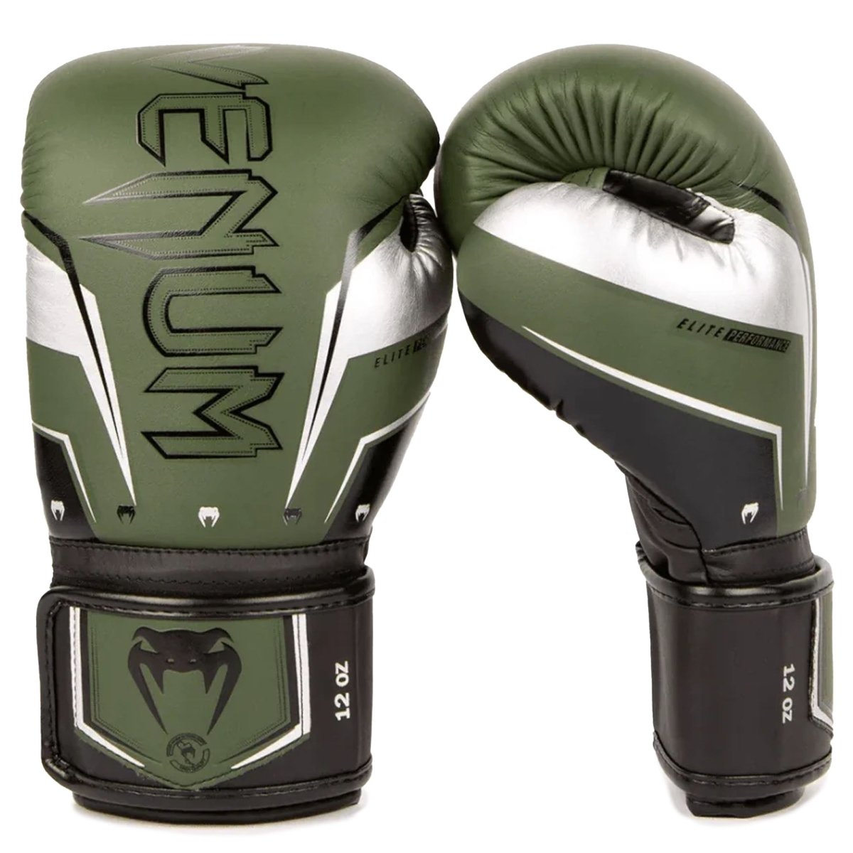 Venum Elite Evo Hook and Loop Boxing Gloves - Khaki/Silver - Forza Sports