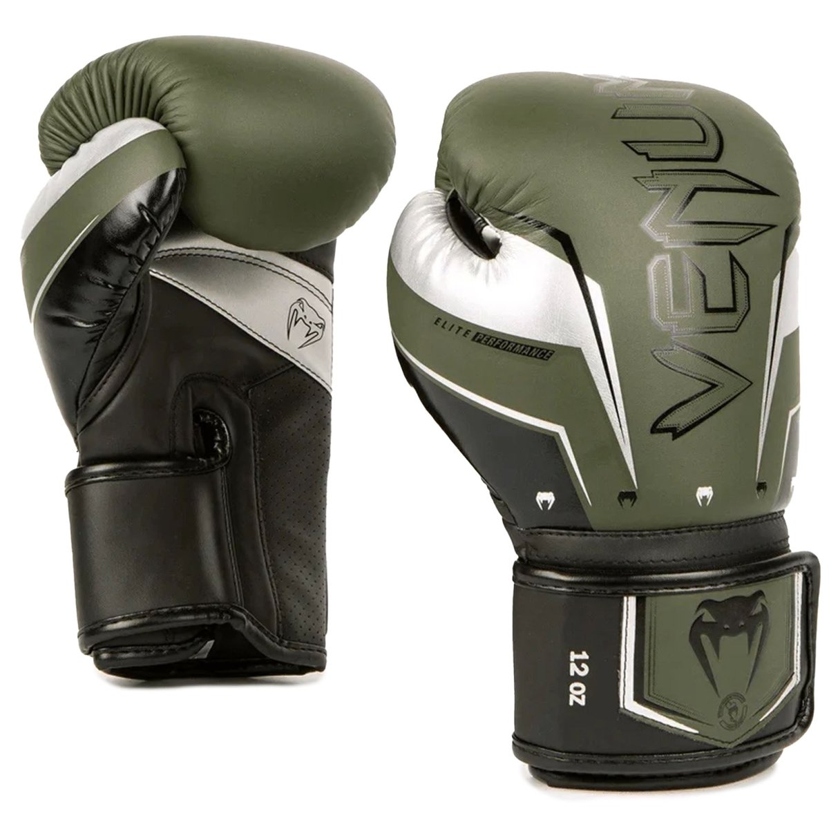 Venum Elite Evo Hook and Loop Boxing Gloves - Khaki/Silver - Forza Sports