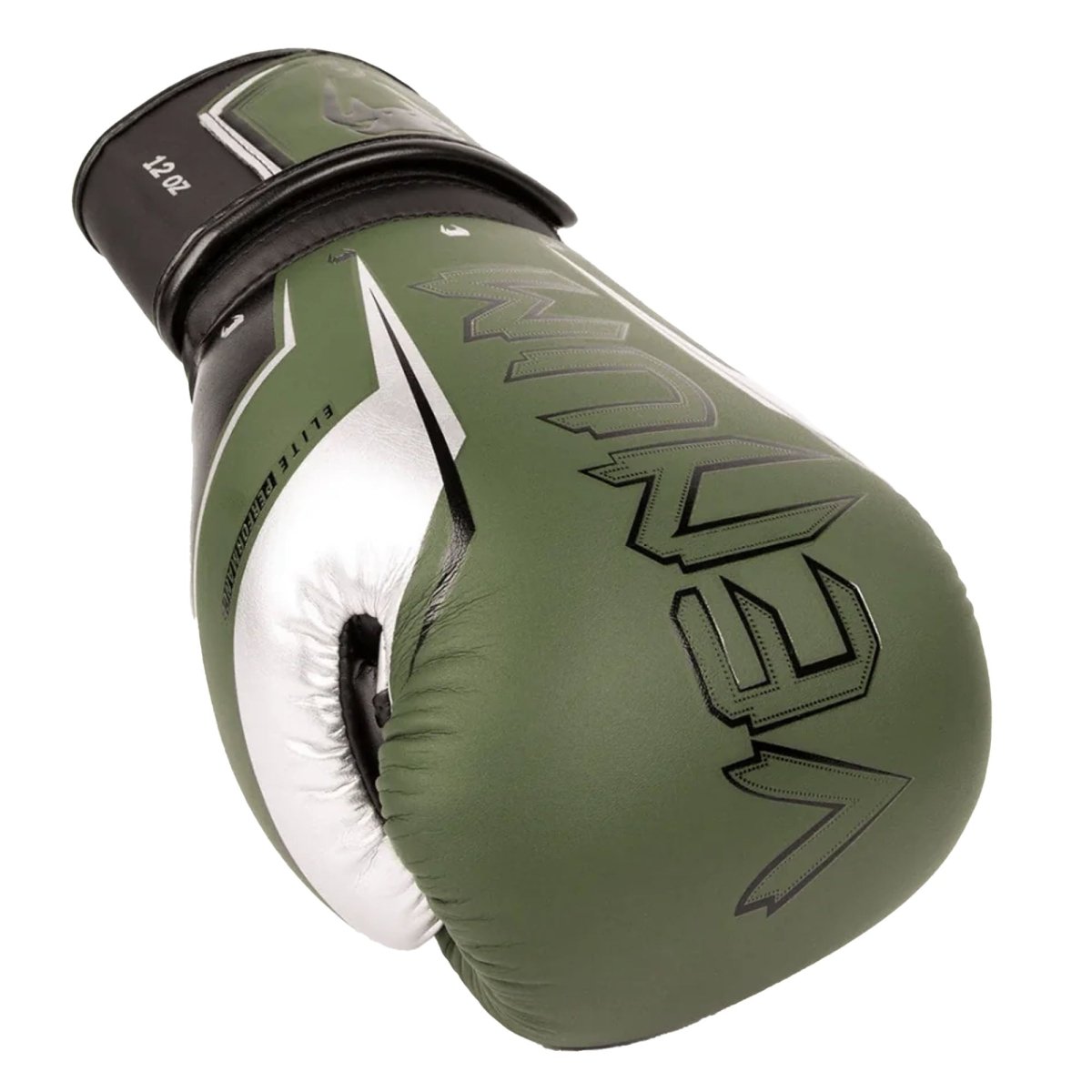Venum Elite Evo Hook and Loop Boxing Gloves - Khaki/Silver - Forza Sports