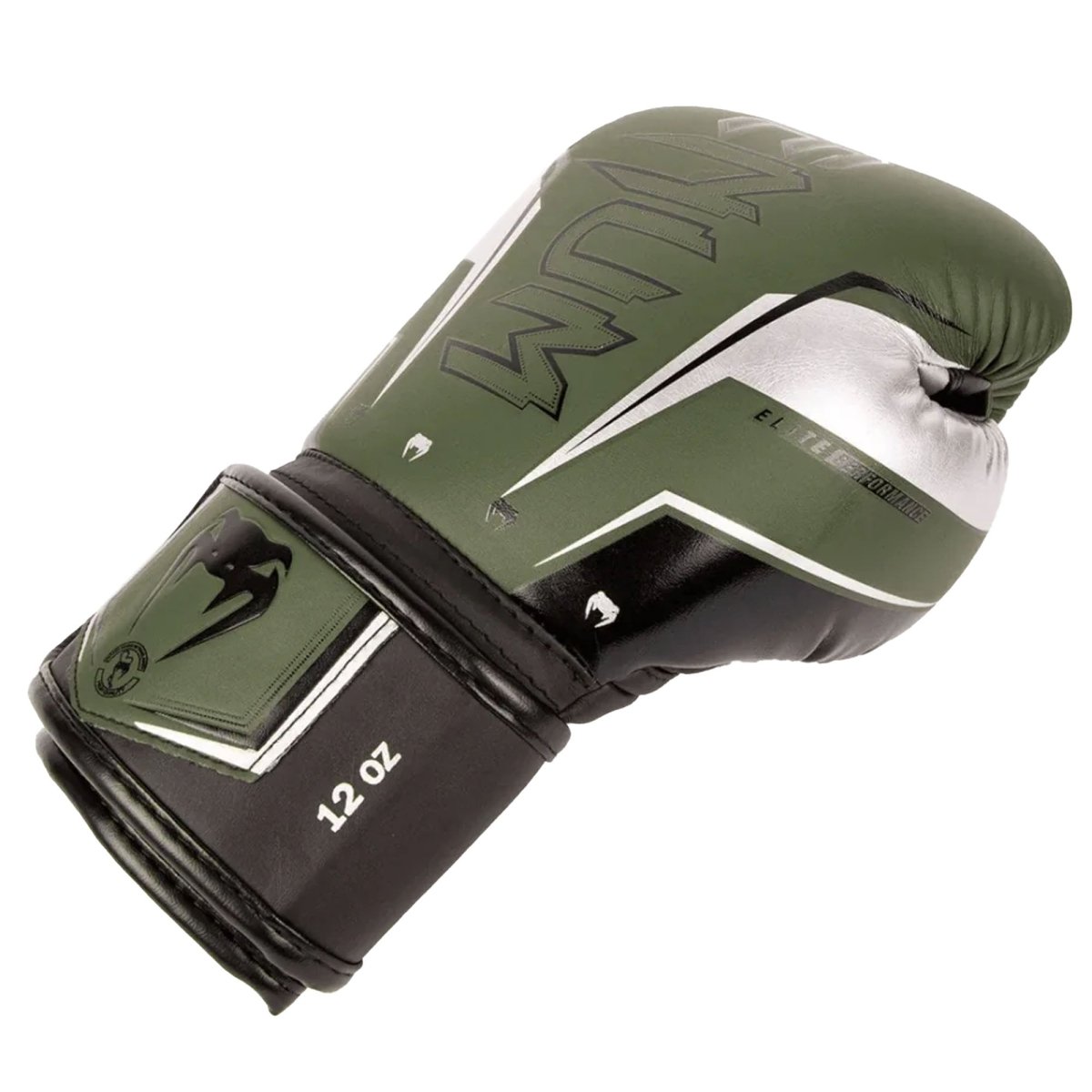 Venum Elite Evo Hook and Loop Boxing Gloves - Khaki/Silver - Forza Sports