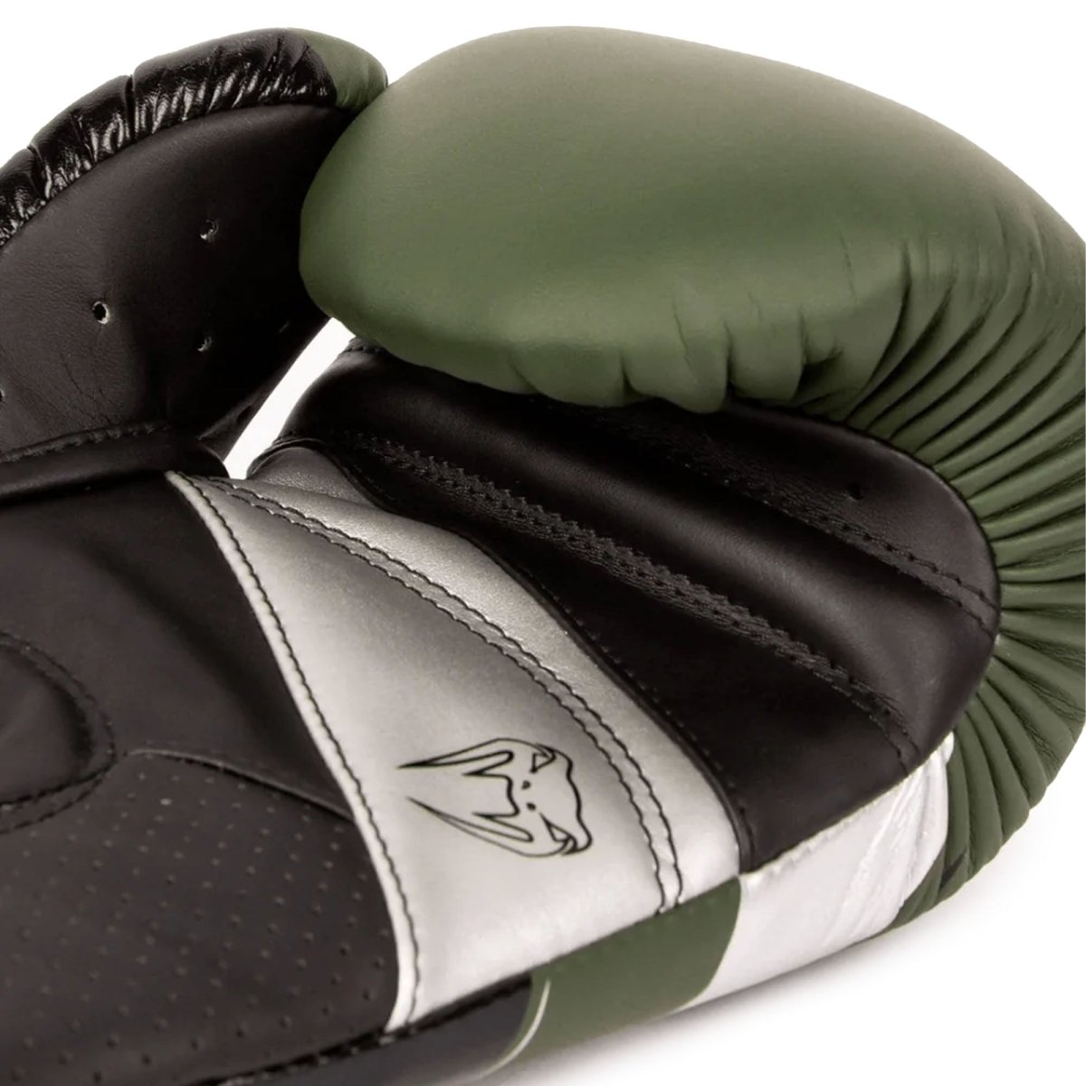 Venum Elite Evo Hook and Loop Boxing Gloves - Khaki/Silver - Forza Sports
