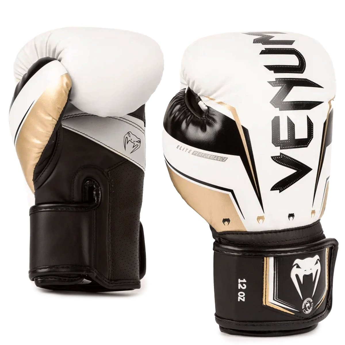 Venum Elite Evo Hook and Loop Boxing Gloves - White/Gold - Forza Sports