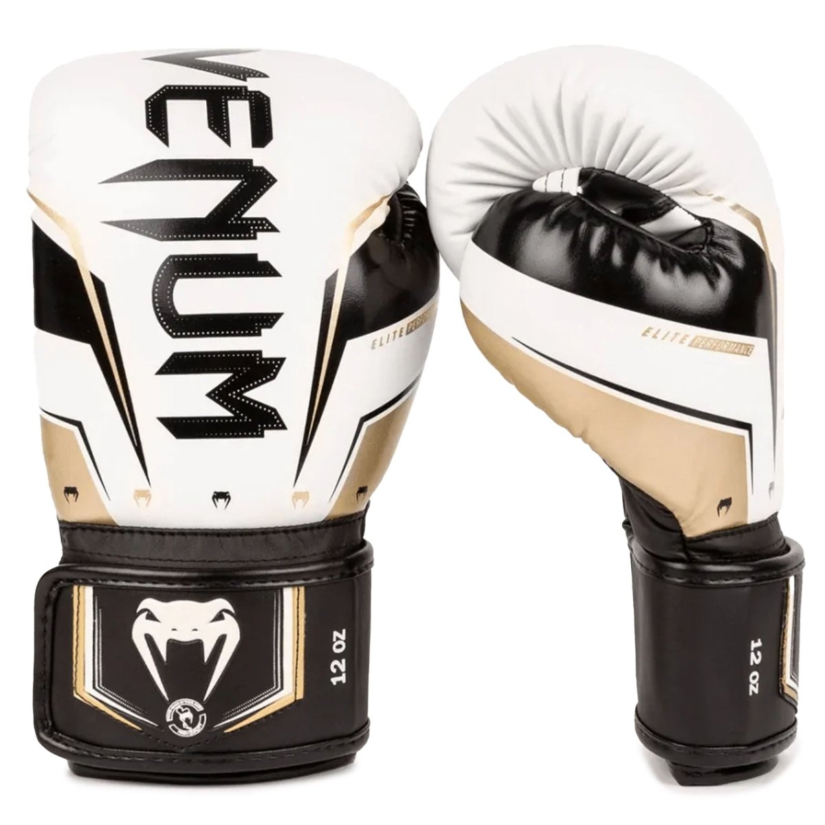 Venum Elite Evo Hook and Loop Boxing Gloves - White/Gold - Forza Sports