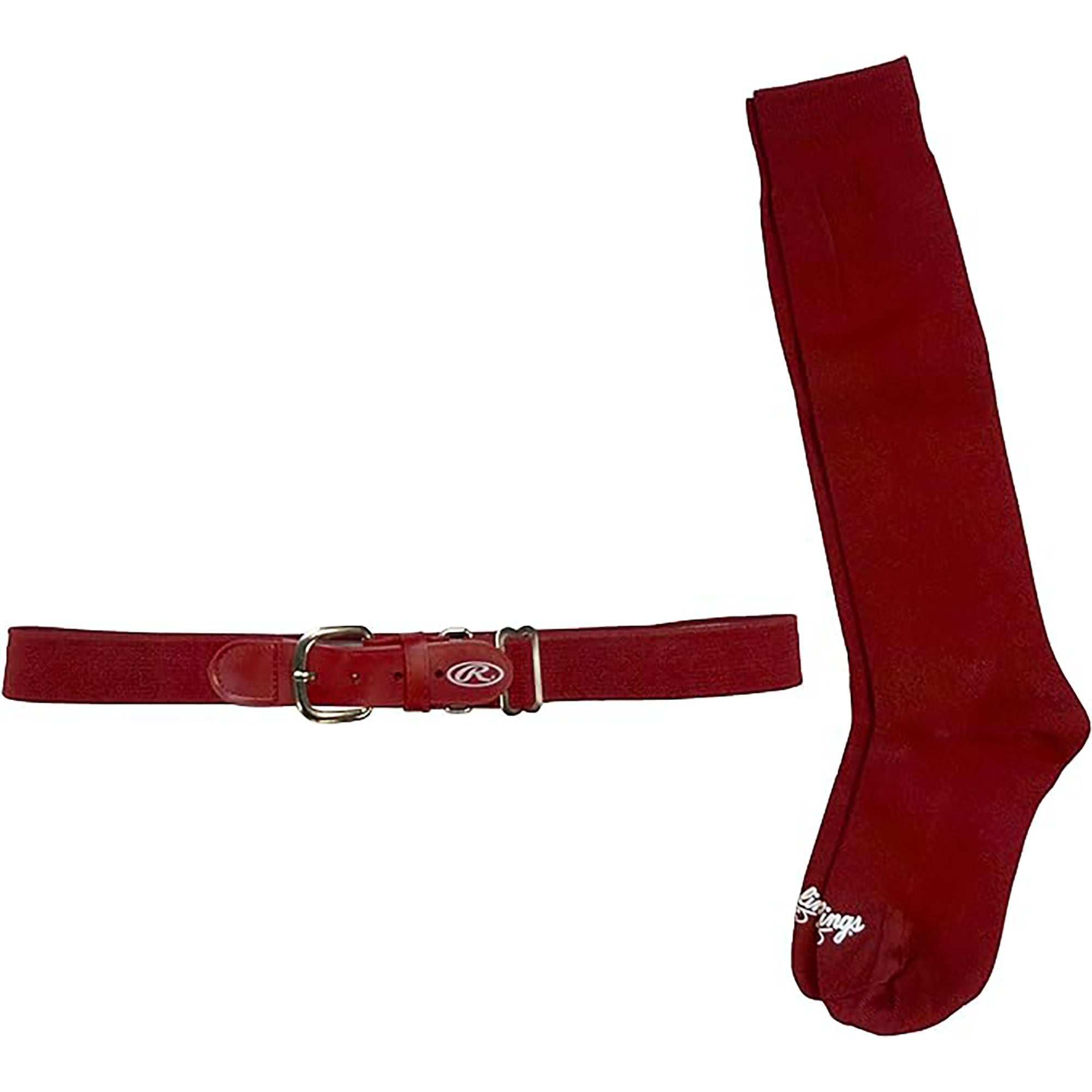 Red belt and socks combo set on a white background