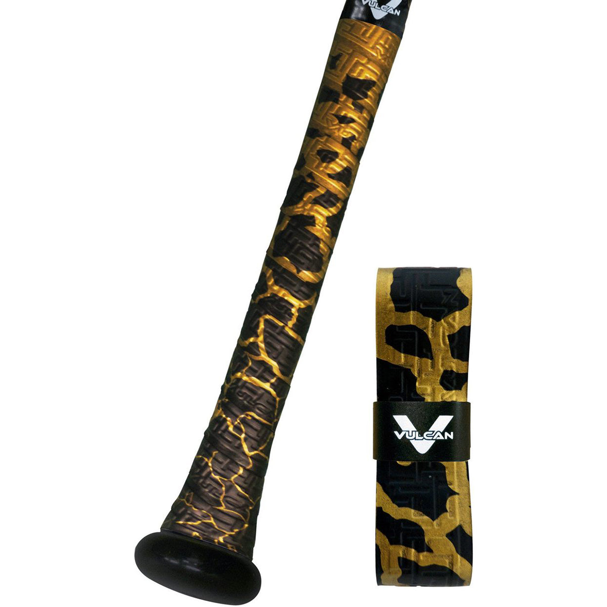 Black and gold patterned baseball bat handle with a strap, featuring Vulcan logo.