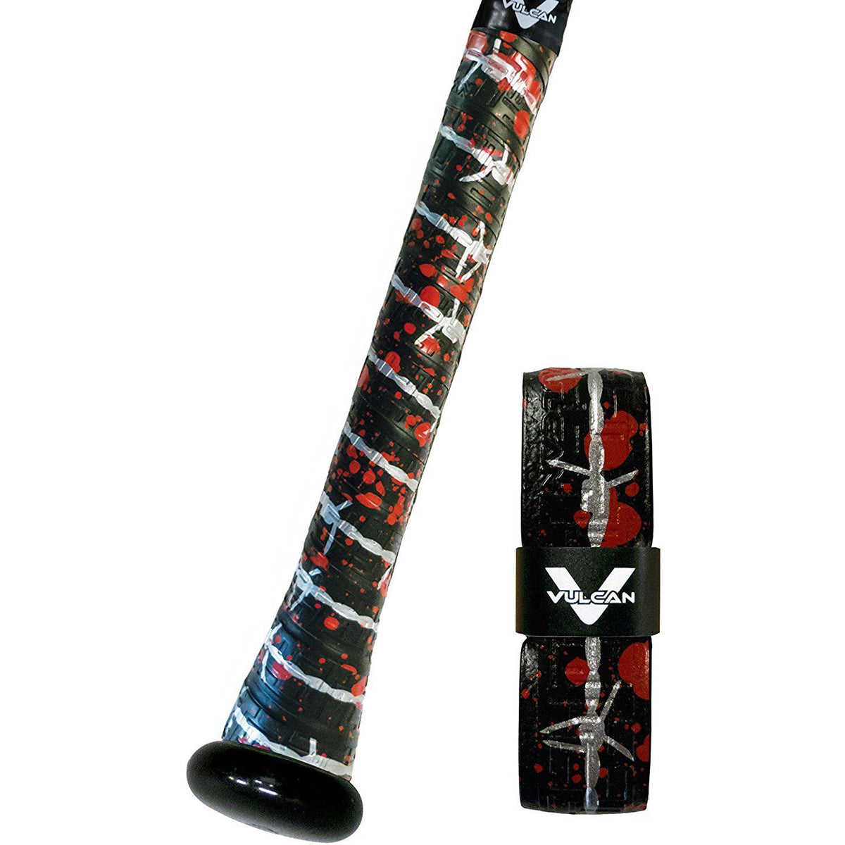 Baseball bat with black, red, and white pattern next to a Vulcan branded sleeve on a white background