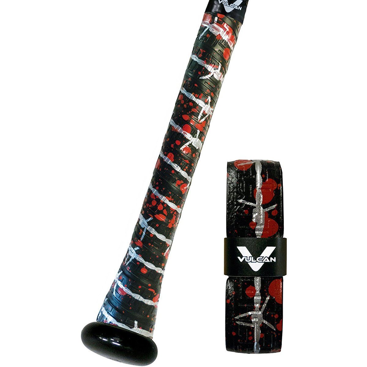 Baseball bat grip wrap with black, red, and white pattern next to a Vulcan branded sleeve on a white background