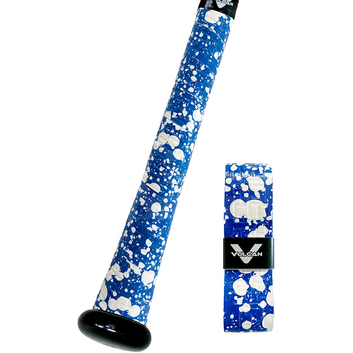 Blue and white splatter-patterned bat grip with Velcro brand packaging on a white background