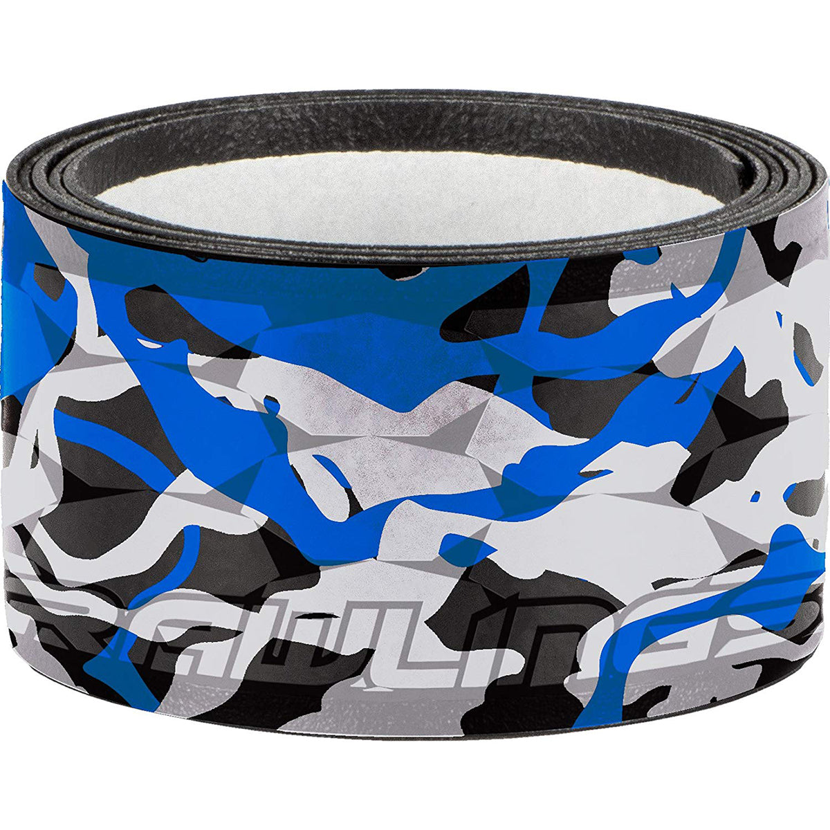 Roll of blue, black, and gray camouflage tape on a white background