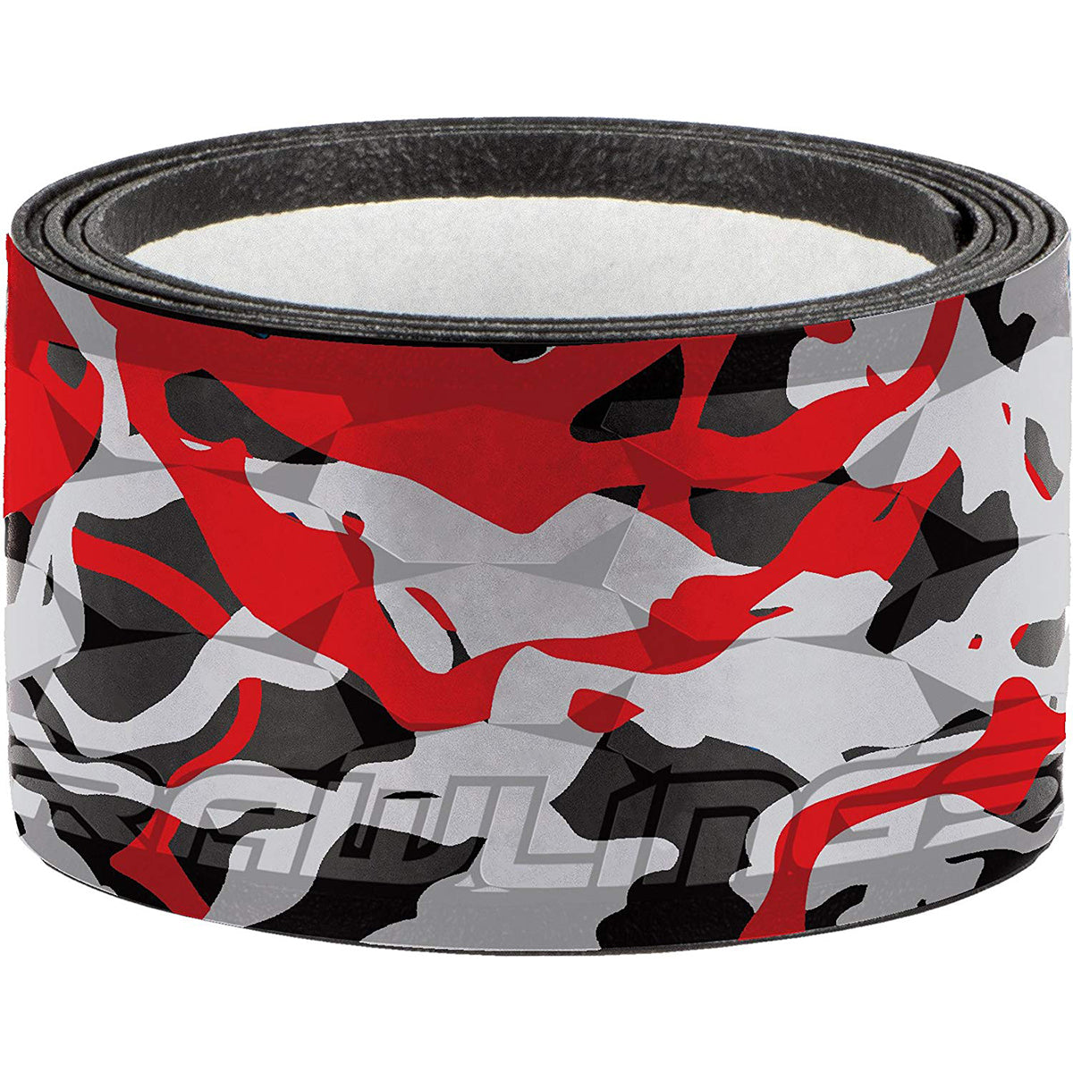 Roll of red, black, and gray camouflage tape on a white background
