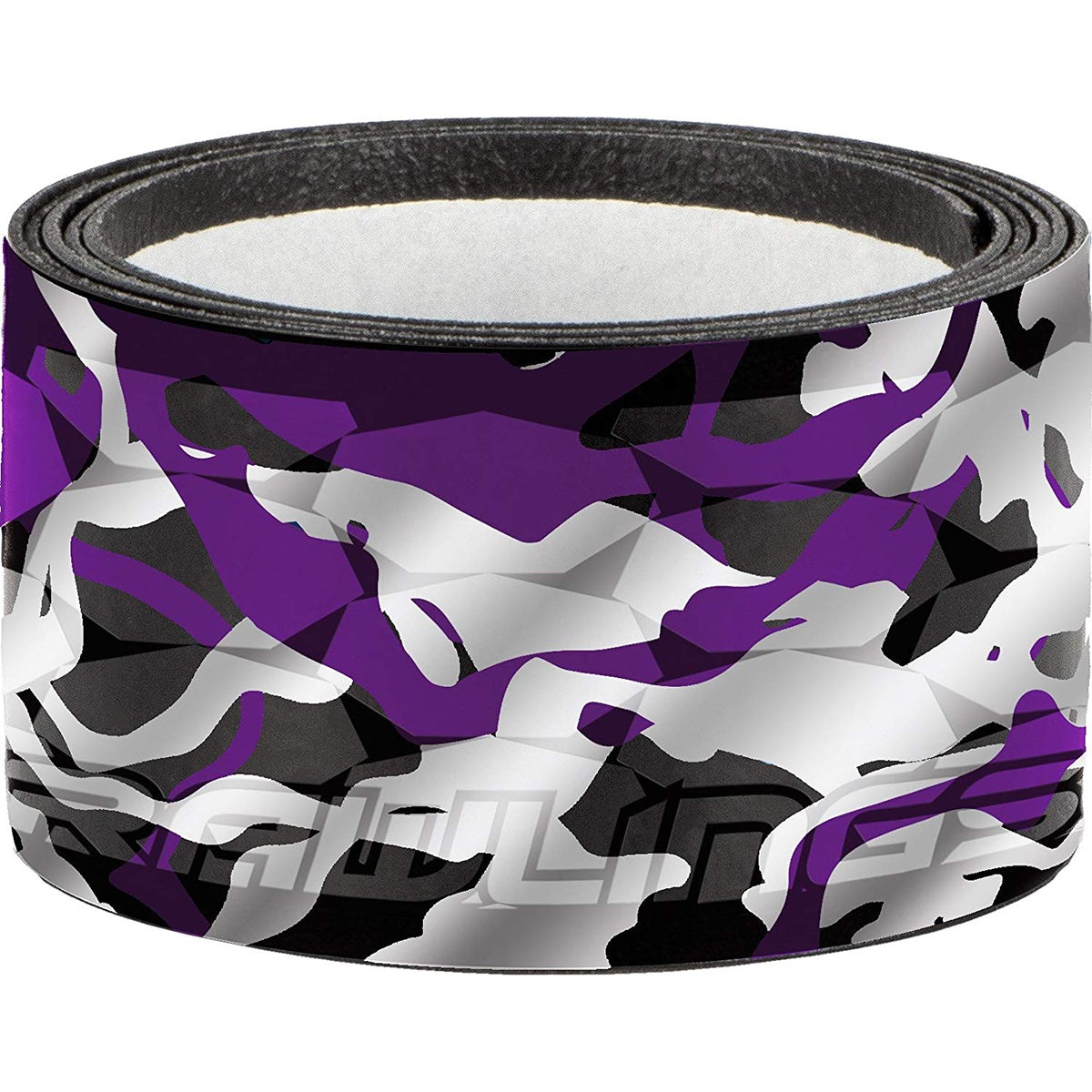 Roll of purple, black, and white camouflage tape on a white background