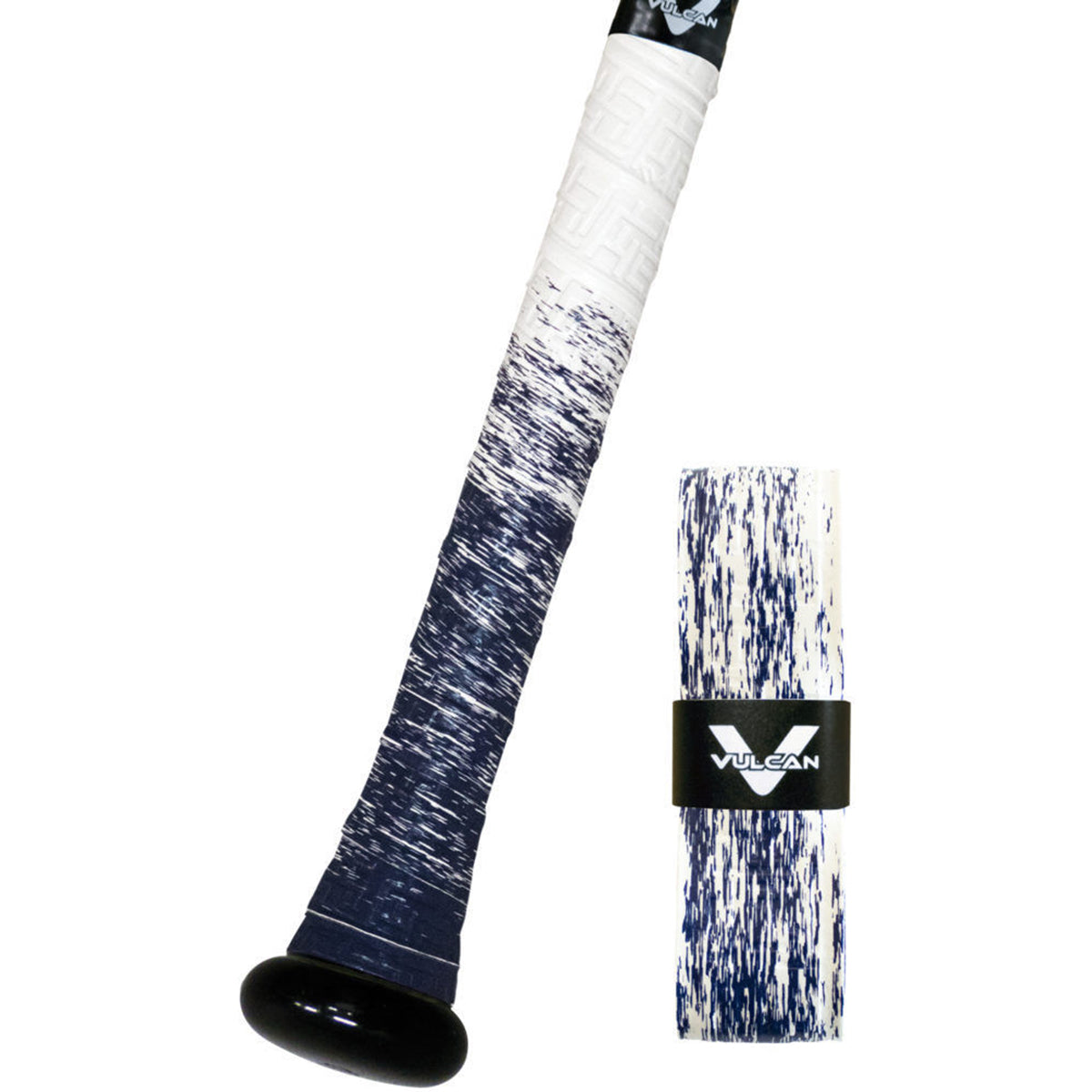 Tennis racket with blue and white handle and frame on a white background