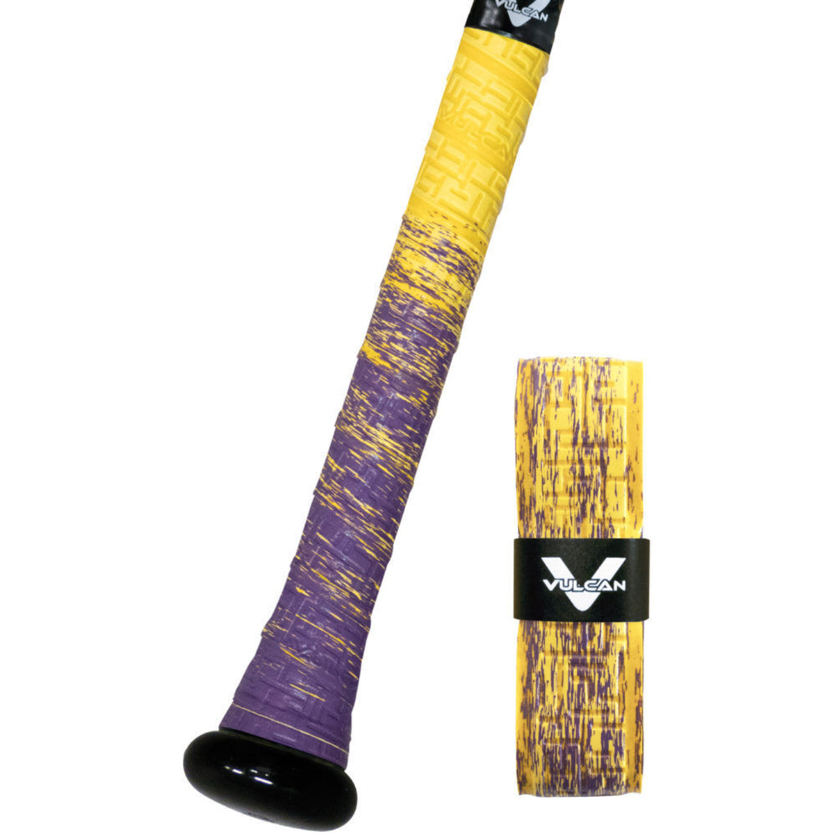 Purple and yellow tennis racket handle with Vulcan branding on a white background