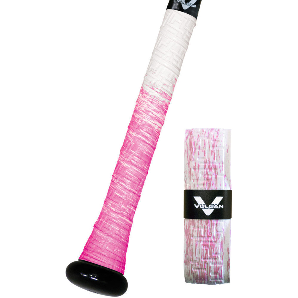 Pink and white racket grip with black base on a white background