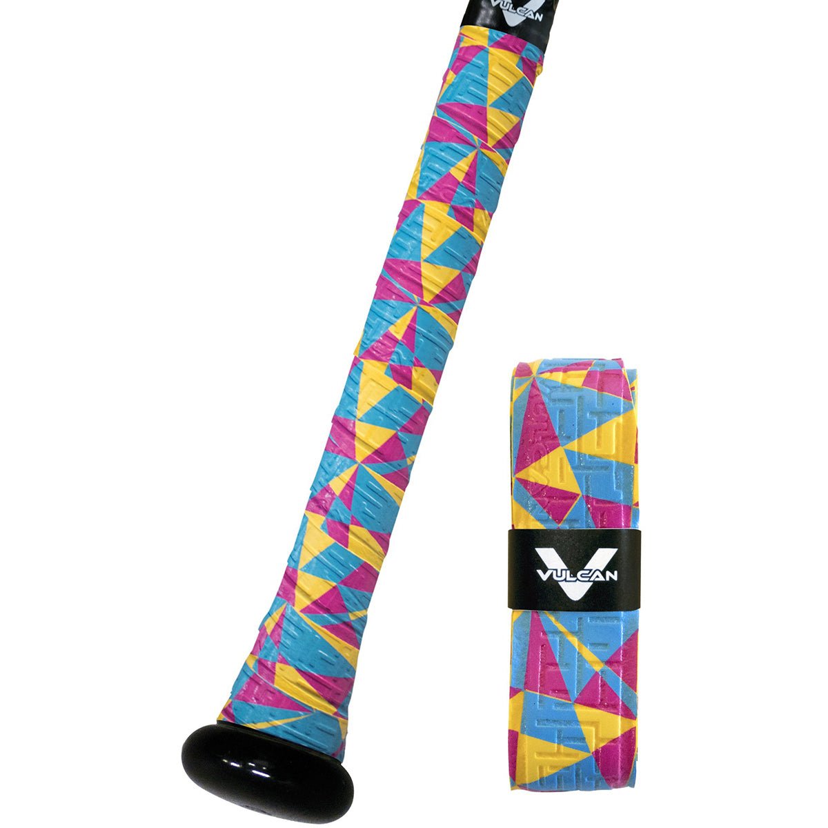 Colorful geometric-patterned bat grip wrap with a black label on a white background