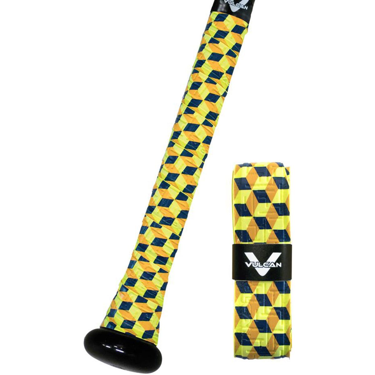 Yellow and blue patterned bat grip wrap with Vulcan logo on a white background