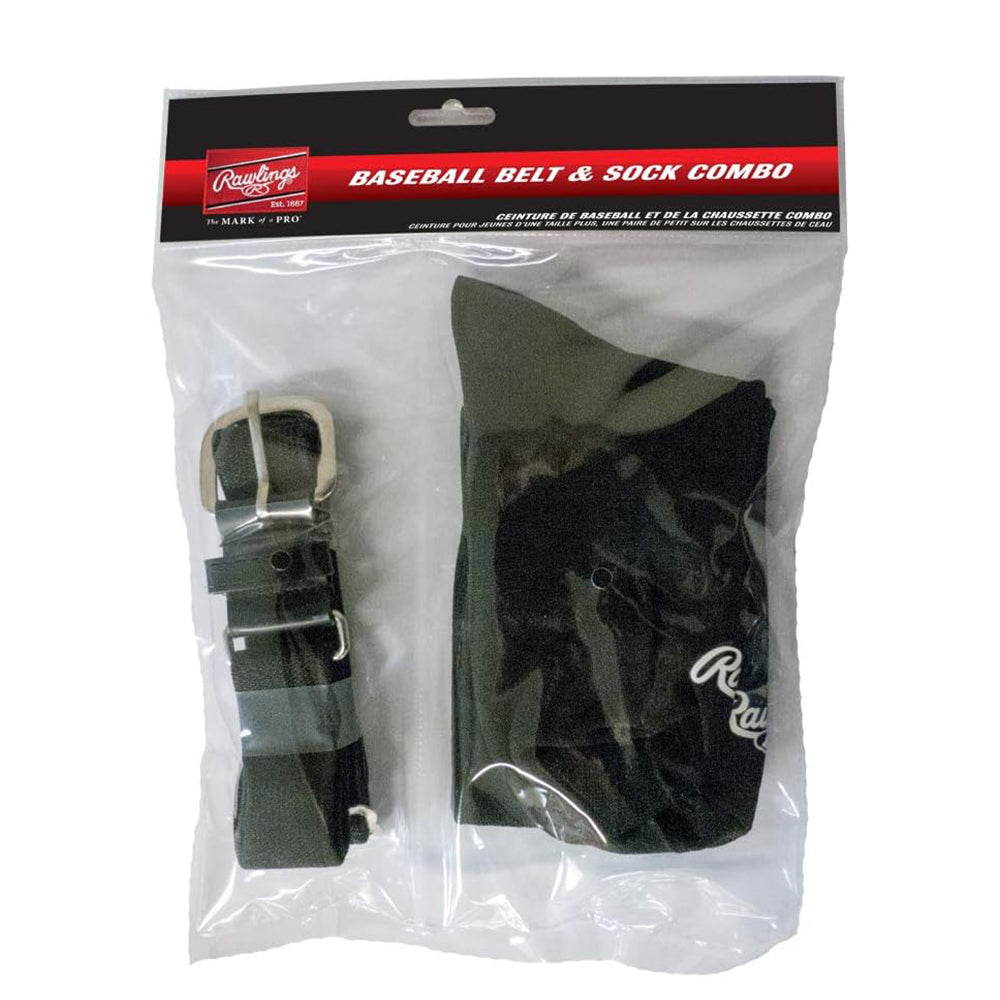 Baseball belt and socks combo set in packaging with Rawlings logo