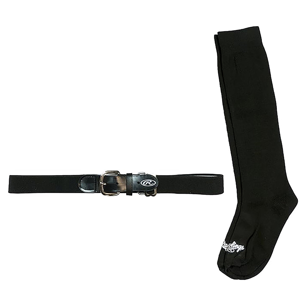 Black belt and socks combo set with a brand logo on a white background