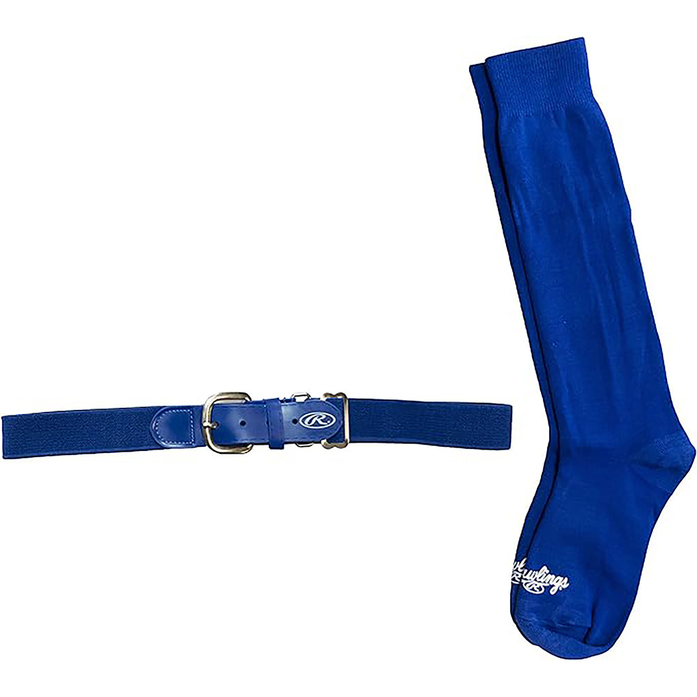 Blue belt and socks combo set on a white background