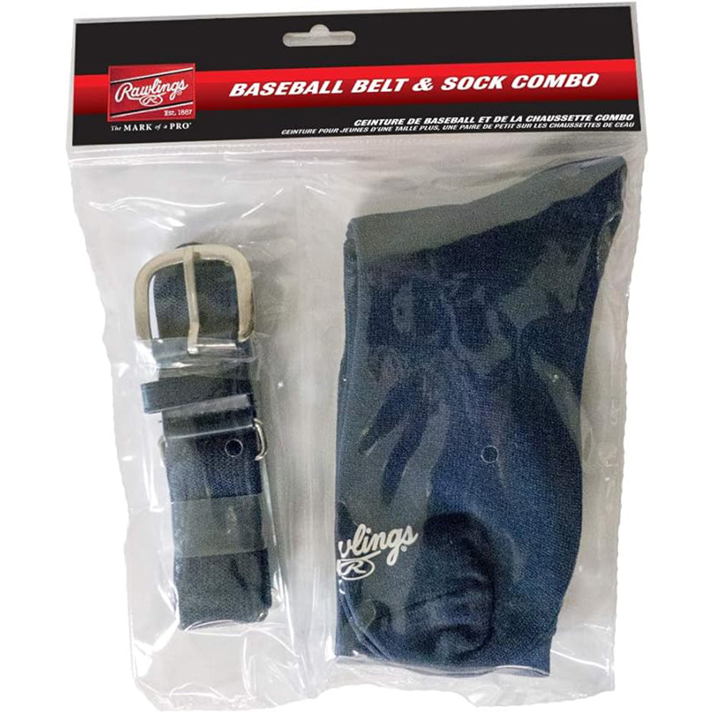 Rawlings baseball belt and socks combo set packaging on a white background