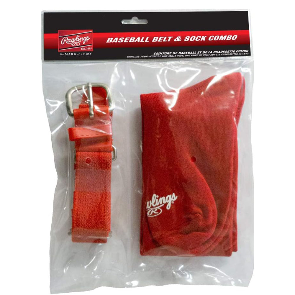 Red baseball belt and socks combo set in packaging with Rawlings logo.