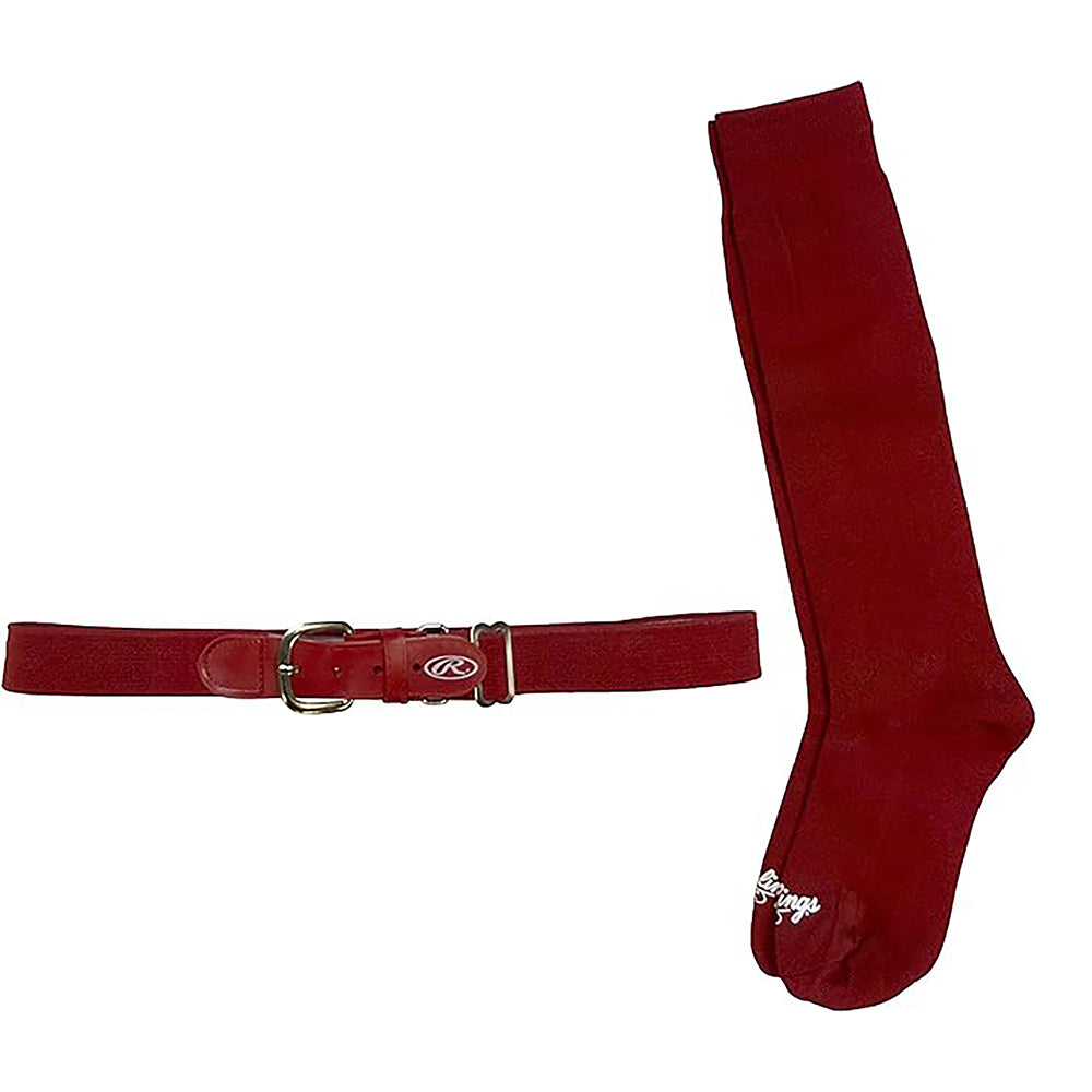 Red belt and socks combo set on a white background