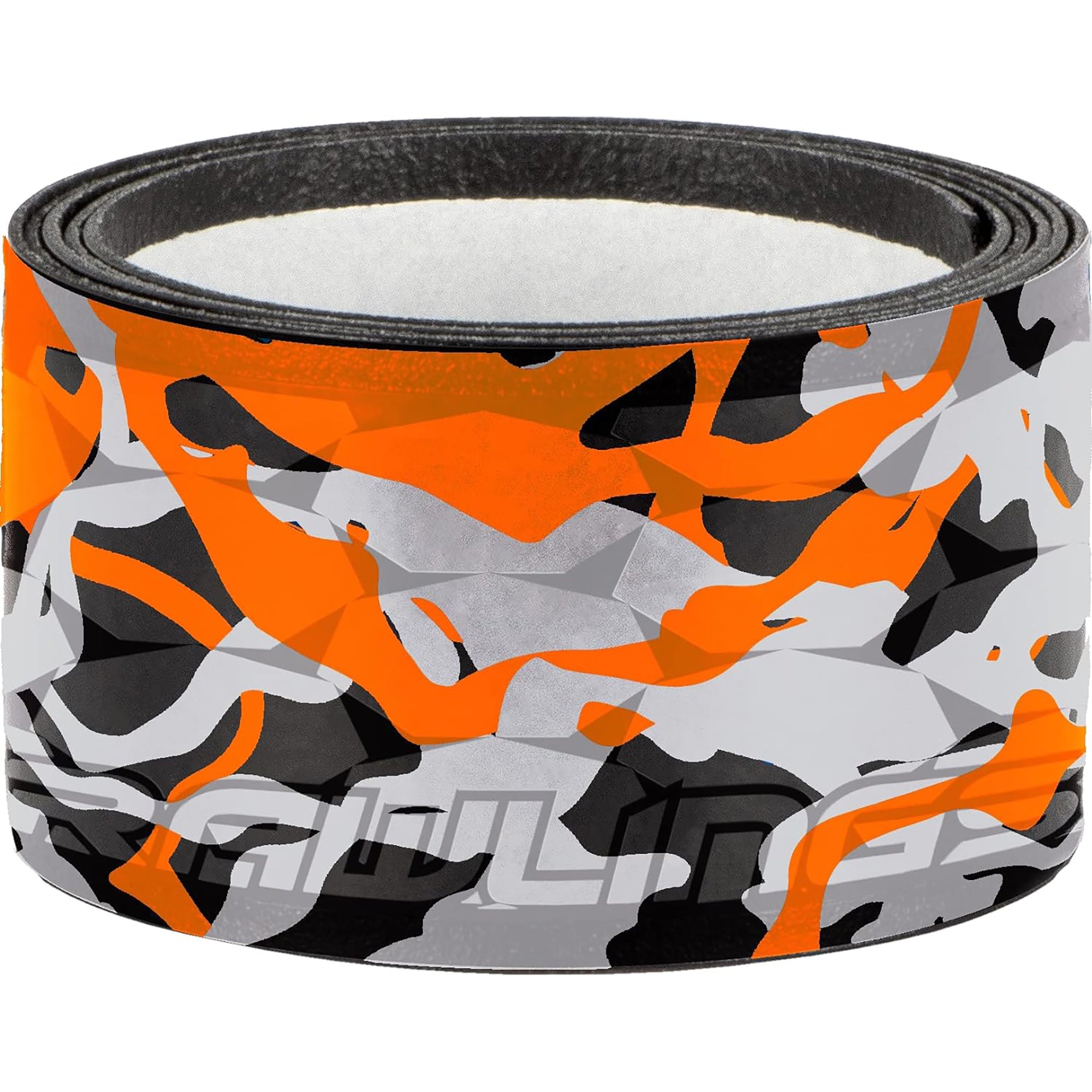 Camouflage-patterned belt with orange, black, and gray design on a white background
