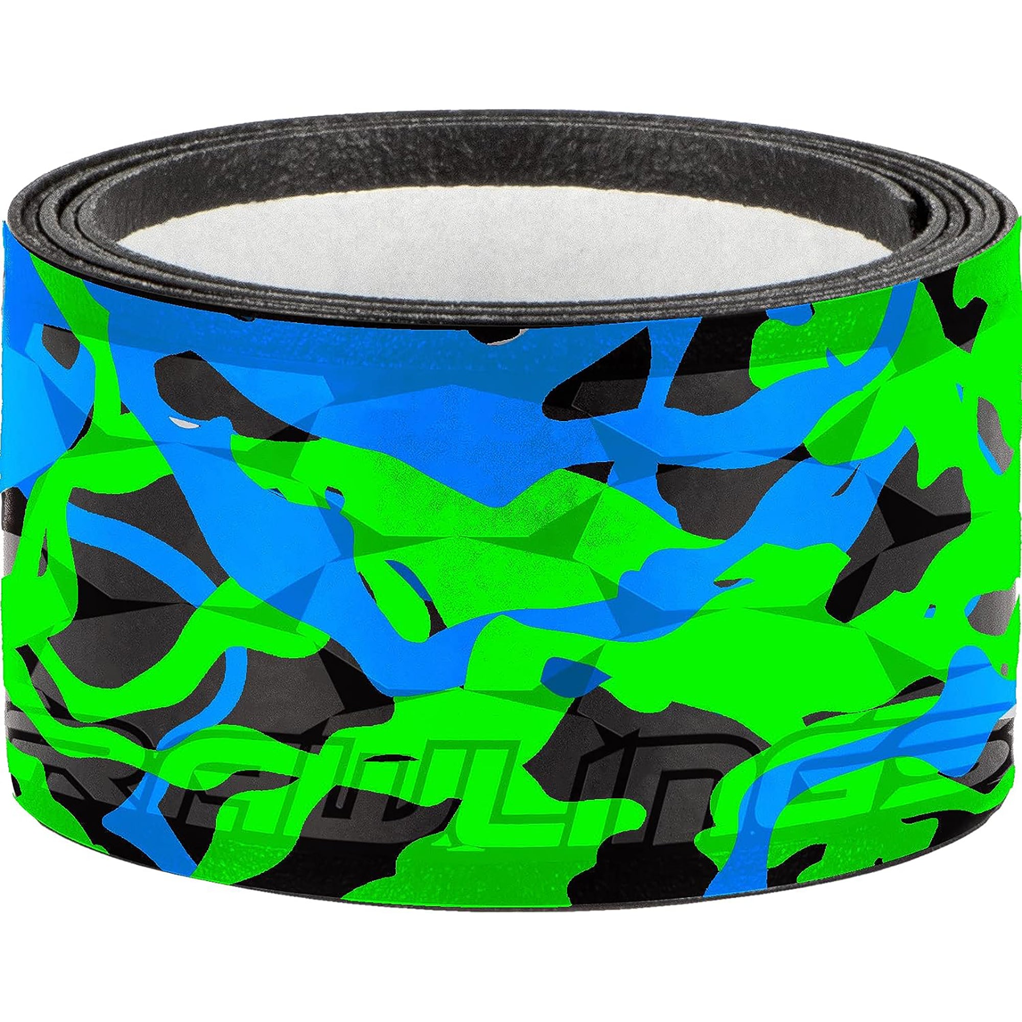 Roll of green, blue, and black patterned tape on a white background