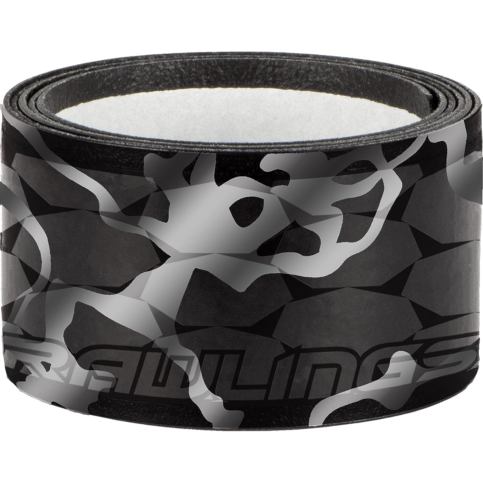 Roll of black and gray patterned tape with a brand logo on a white background