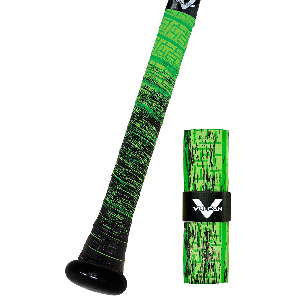 Green and black patterned bat grip tape wrap with Vulcan branding on a white background