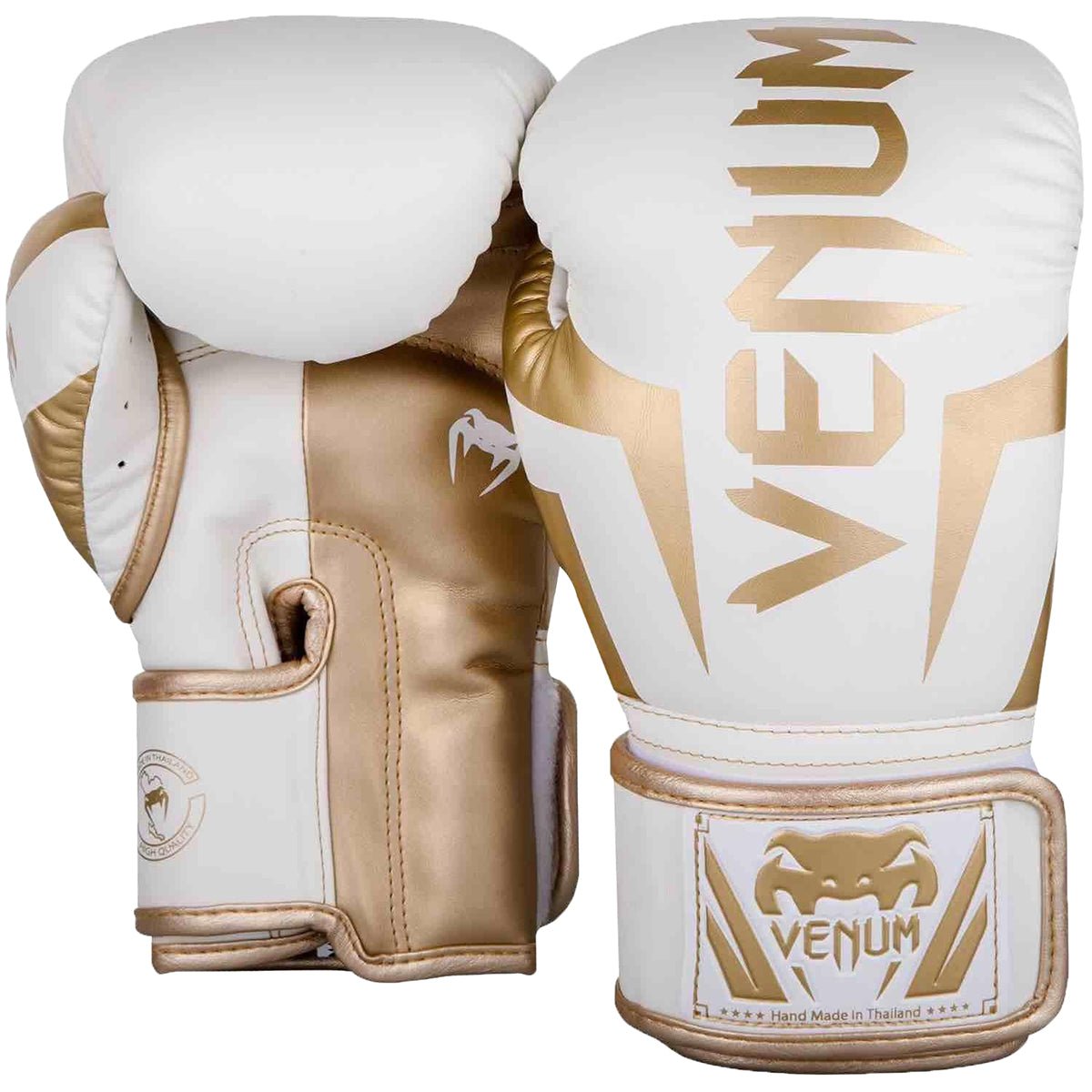 Venum Elite Skintex Leather Hook and Loop Training Boxing Gloves - White/Gold - Forza Sports