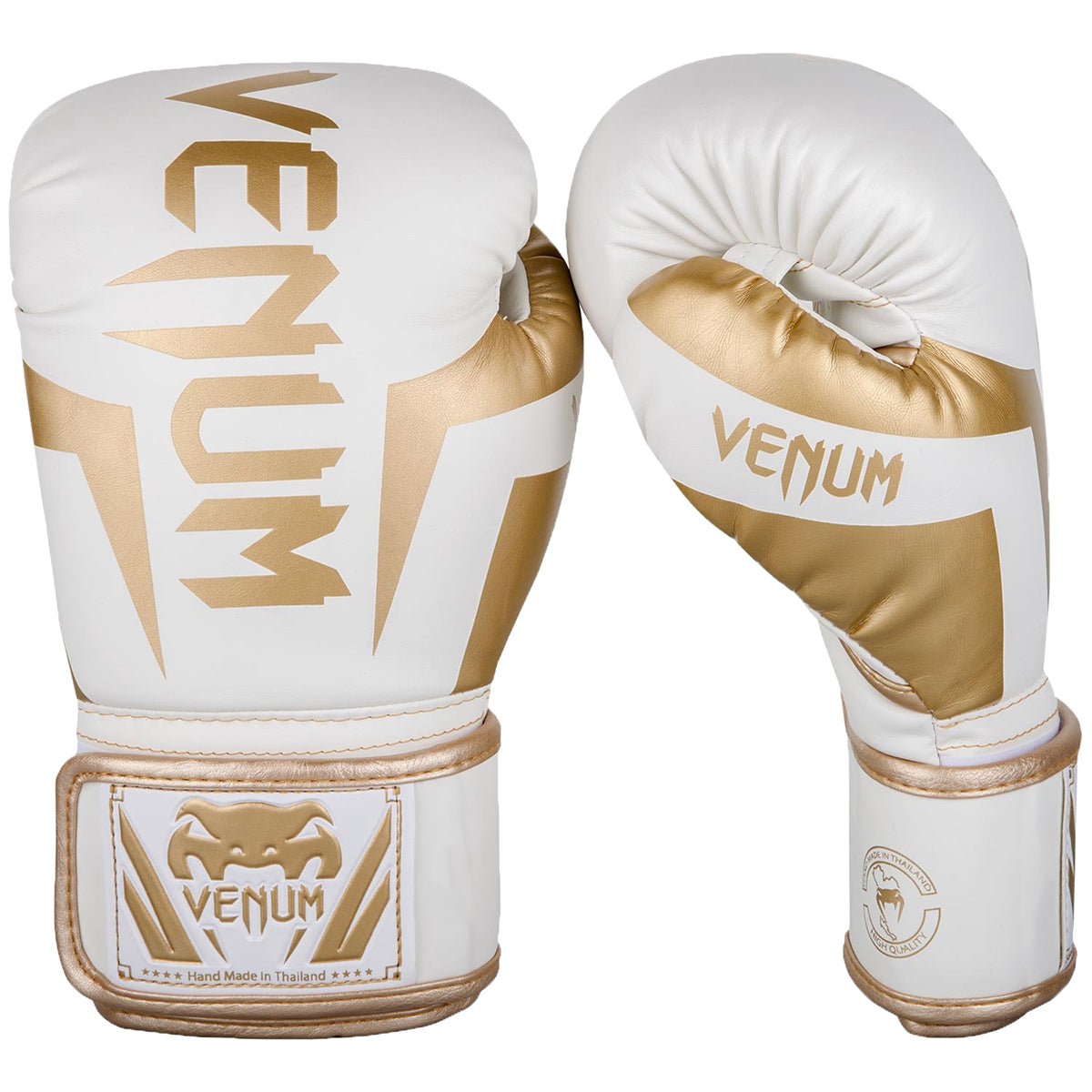 Venum Elite Skintex Leather Hook and Loop Training Boxing Gloves - White/Gold - Forza Sports