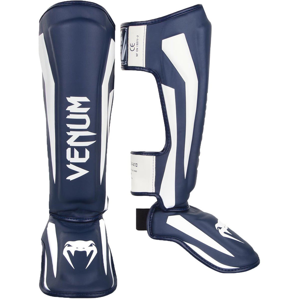 Venum Elite Lightweight Hook and Loop Shin Guards - White/Navy Blue - Forza Sports