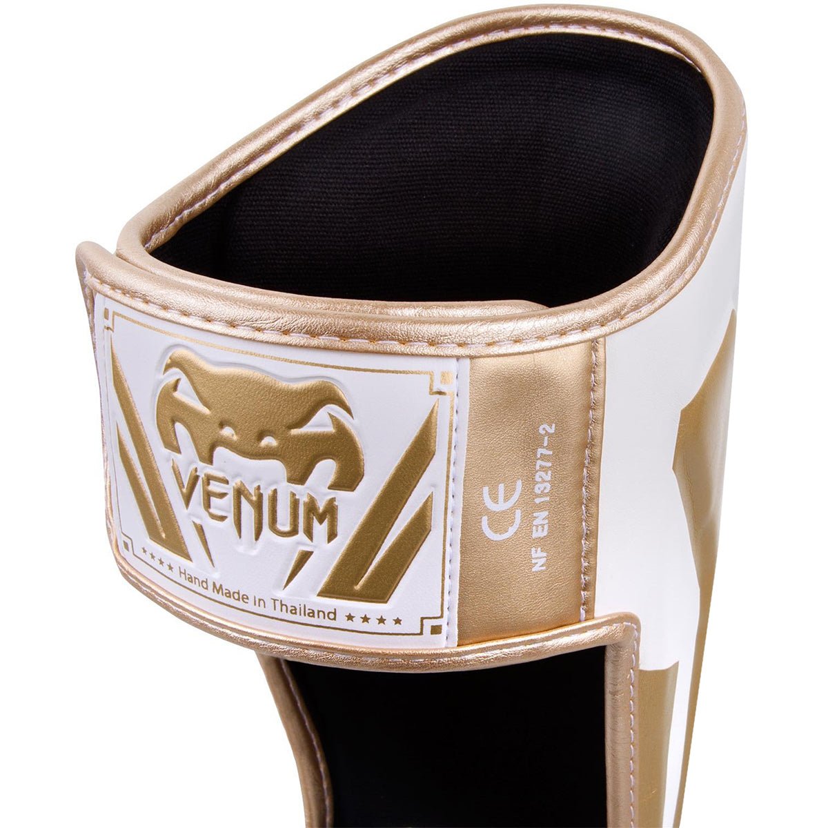 Venum Elite Lightweight Hook and Loop Shin Guards - White/Gold - Forza Sports