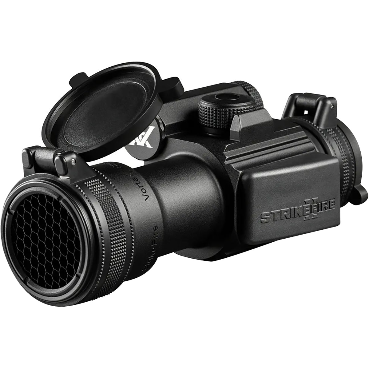 A black Vortex Optics Anti-Reflection Device for StrikeFire Red Dot Scope with a threaded design, featuring a textured surface and the Vortex logo.